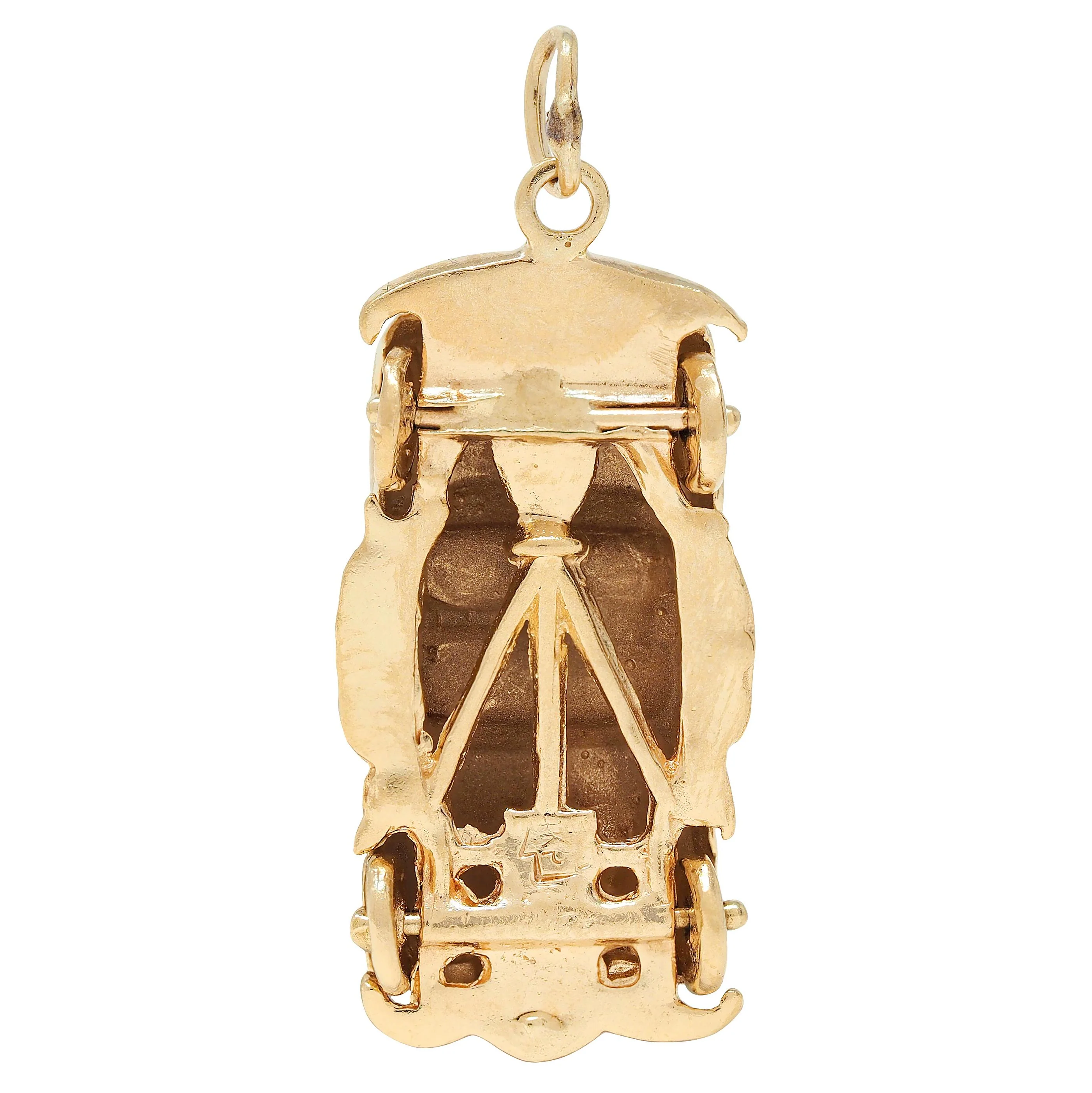 1960's Pearl Ruby Diamond 14 Karat Yellow Gold Vintage Car Pendant Charm - Image 6