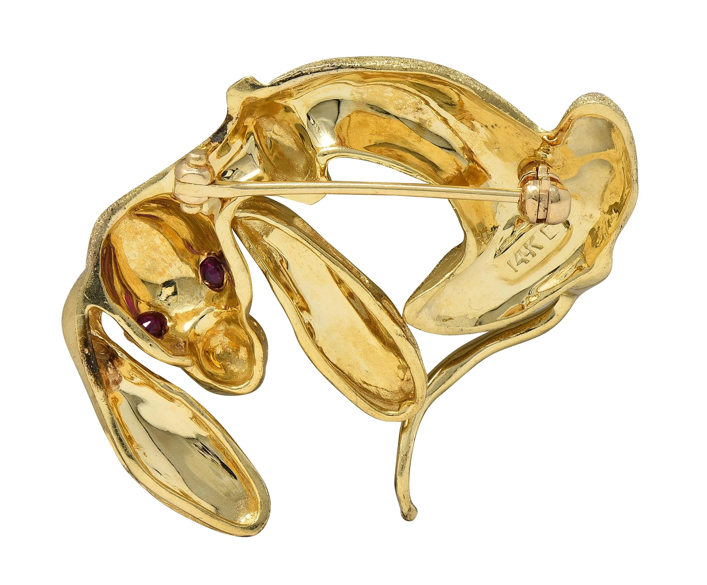 1960's Ruby 14 Karat Yellow Gold Vintage Dachshund Dog Brooch - Image 5