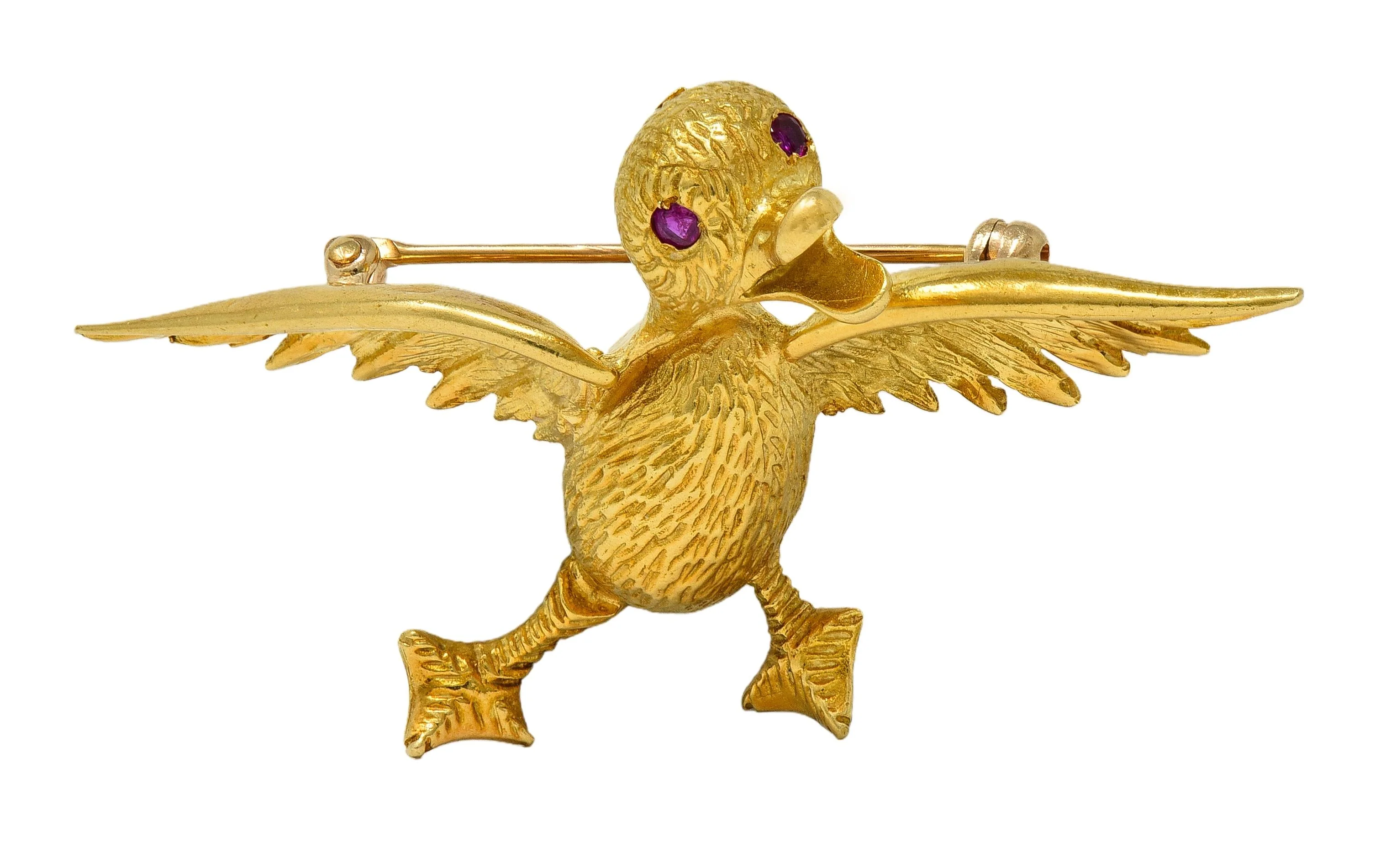 1960's Ruby 18 Karat Yellow Gold Vintage Duck Whimsical Bird Brooch - Image 11
