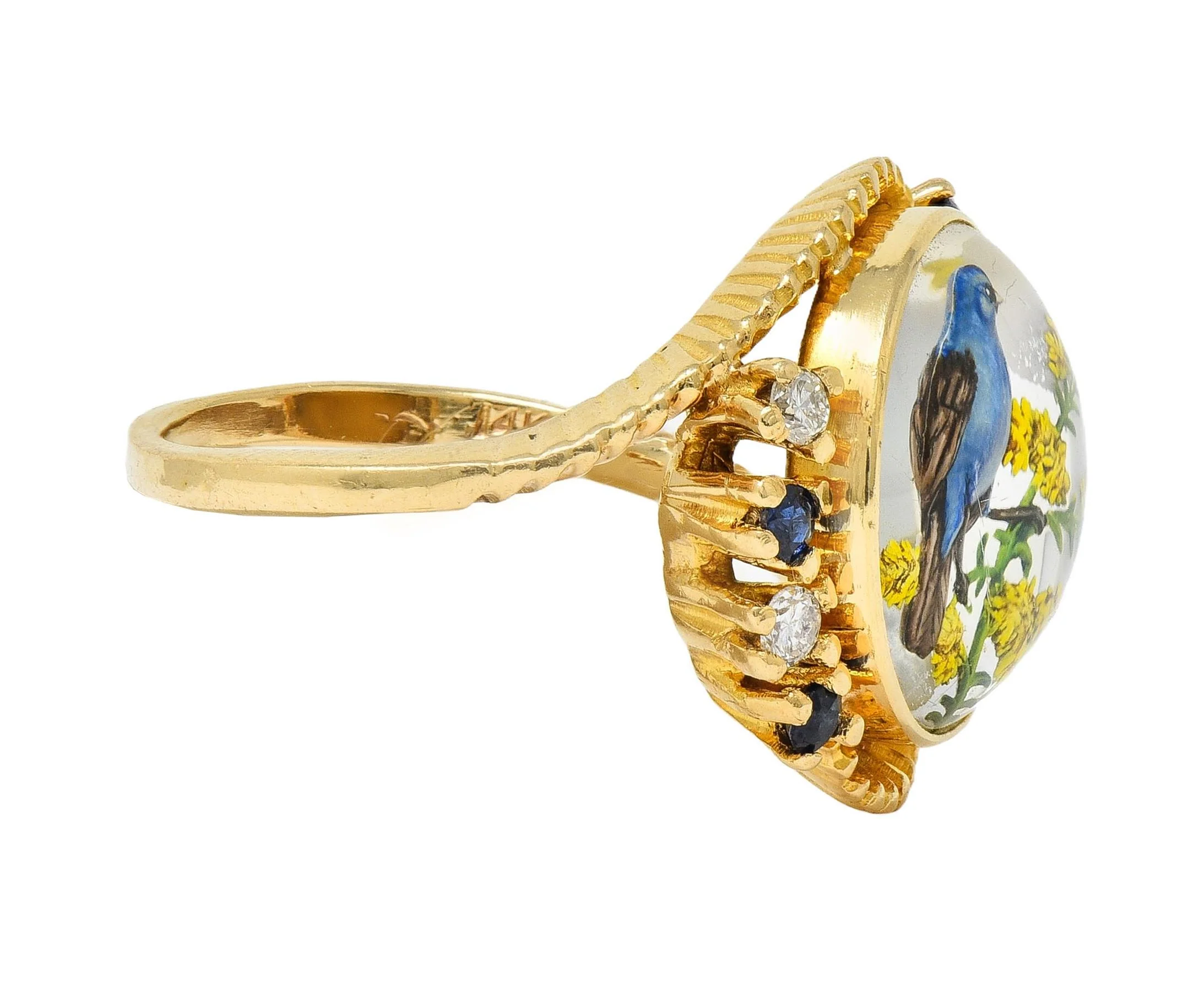 1960s Sapphire Diamond Painted Essex Crystal 14 Karat Yellow Gold Vintage Blue Bird Bypass Ring - Image 3