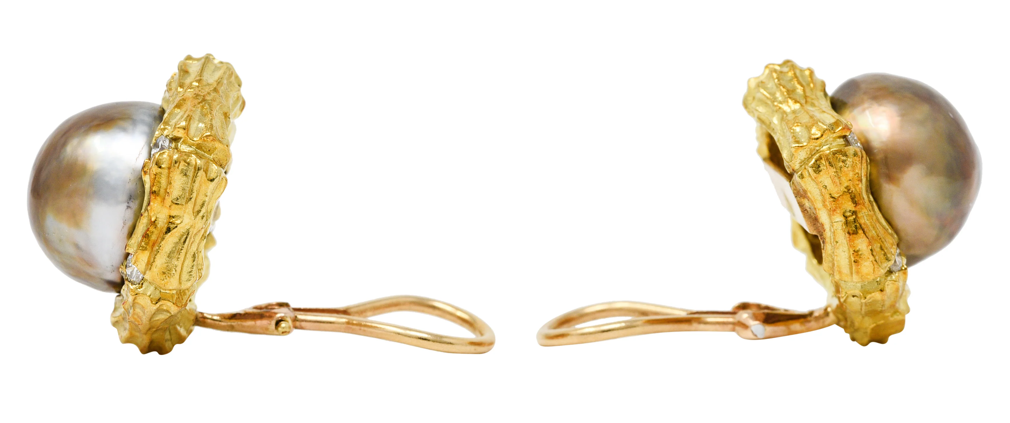 1960's Tahitian Pearl Diamond 14 Karat Yellow Gold Bamboo Vintage Ear-Clip Earrings - Image 5