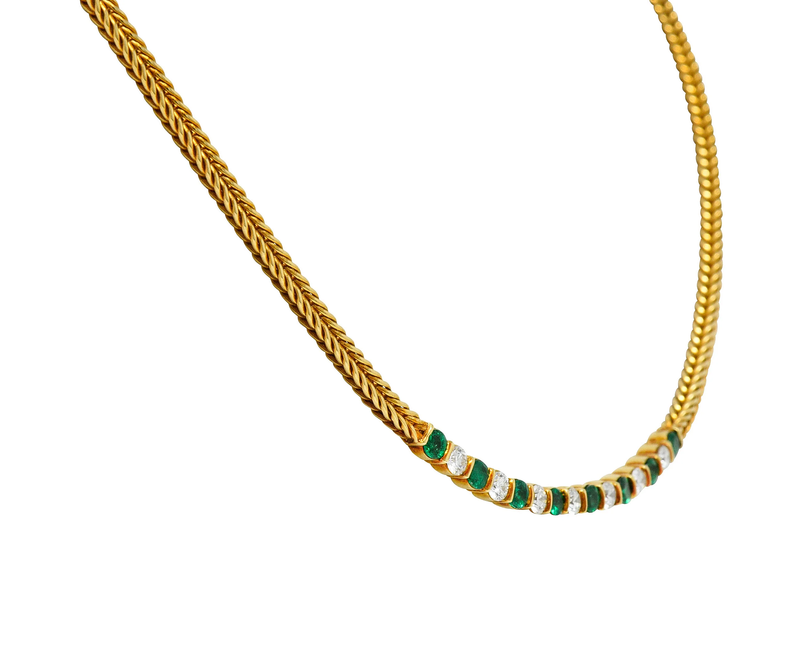 1960's Tiffany & Co. 1.75 CTW Emerald Diamond 18 Karat Gold Wheat Chain Necklace - Image 3