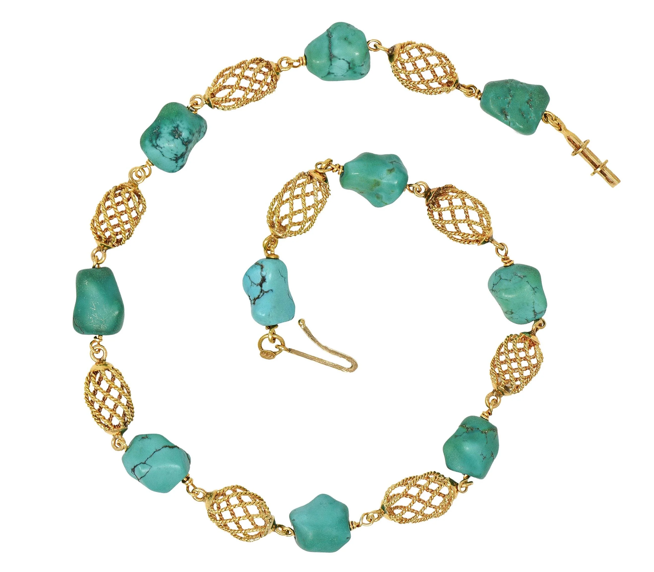 1960's Turquoise Nugget 18 Karat Yellow Gold Spiral Bead Vintage Collar Necklace - Image 3