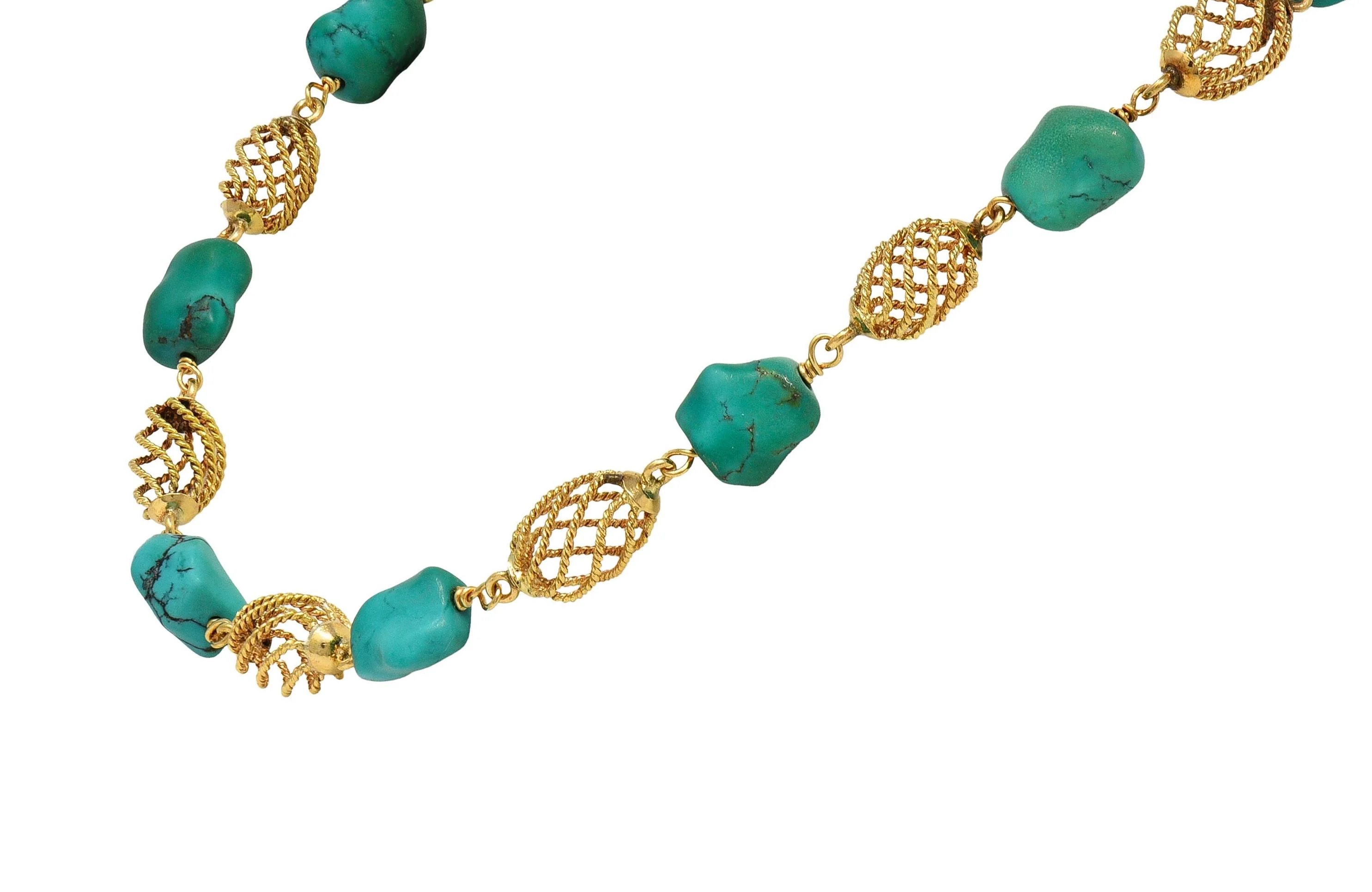 1960's Turquoise Nugget 18 Karat Yellow Gold Spiral Bead Vintage Collar Necklace - Image 4