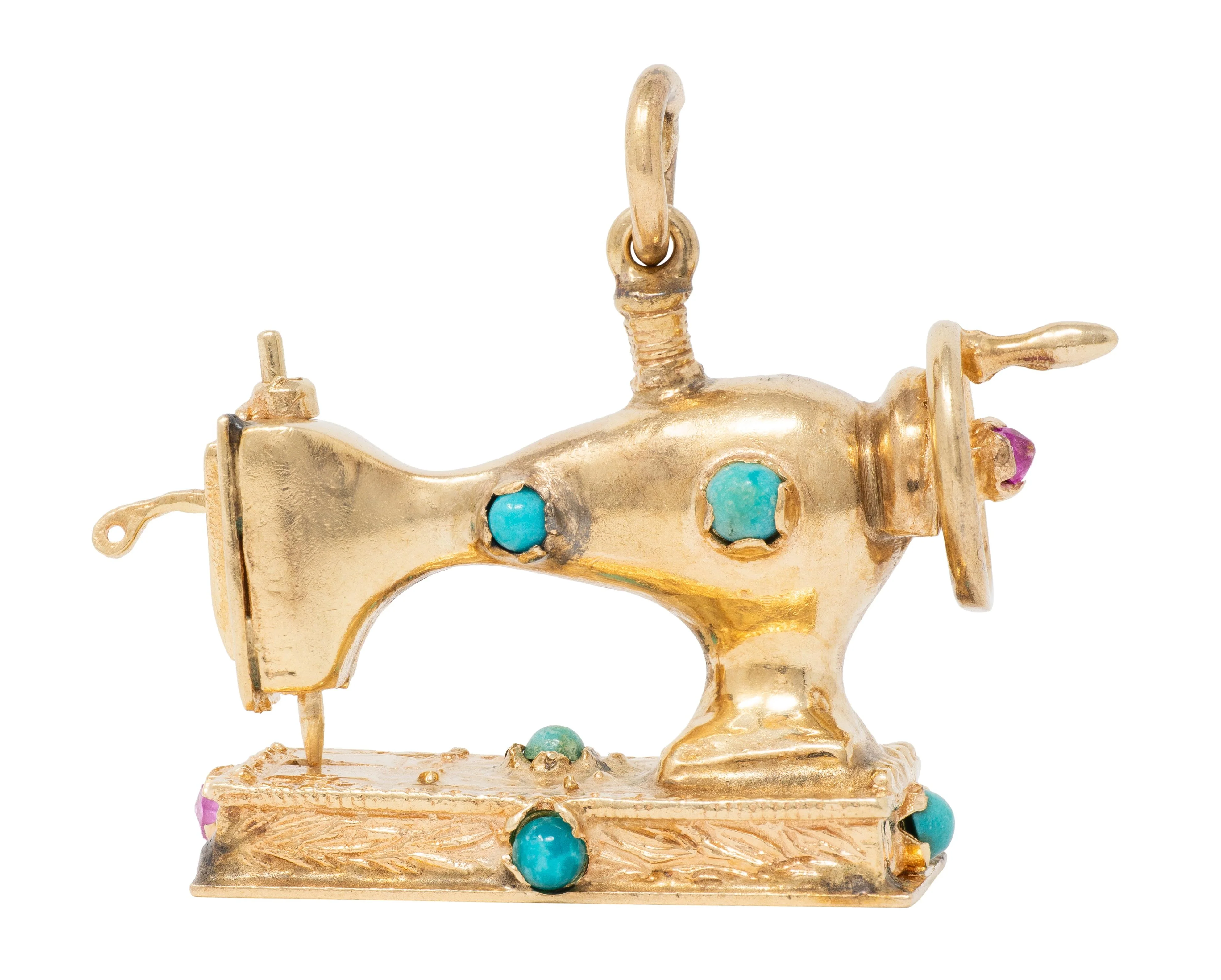1960's Turquoise Topaz 14 Karat Yellow Gold Antique Sewing Machine Pendant Charm - Image 3