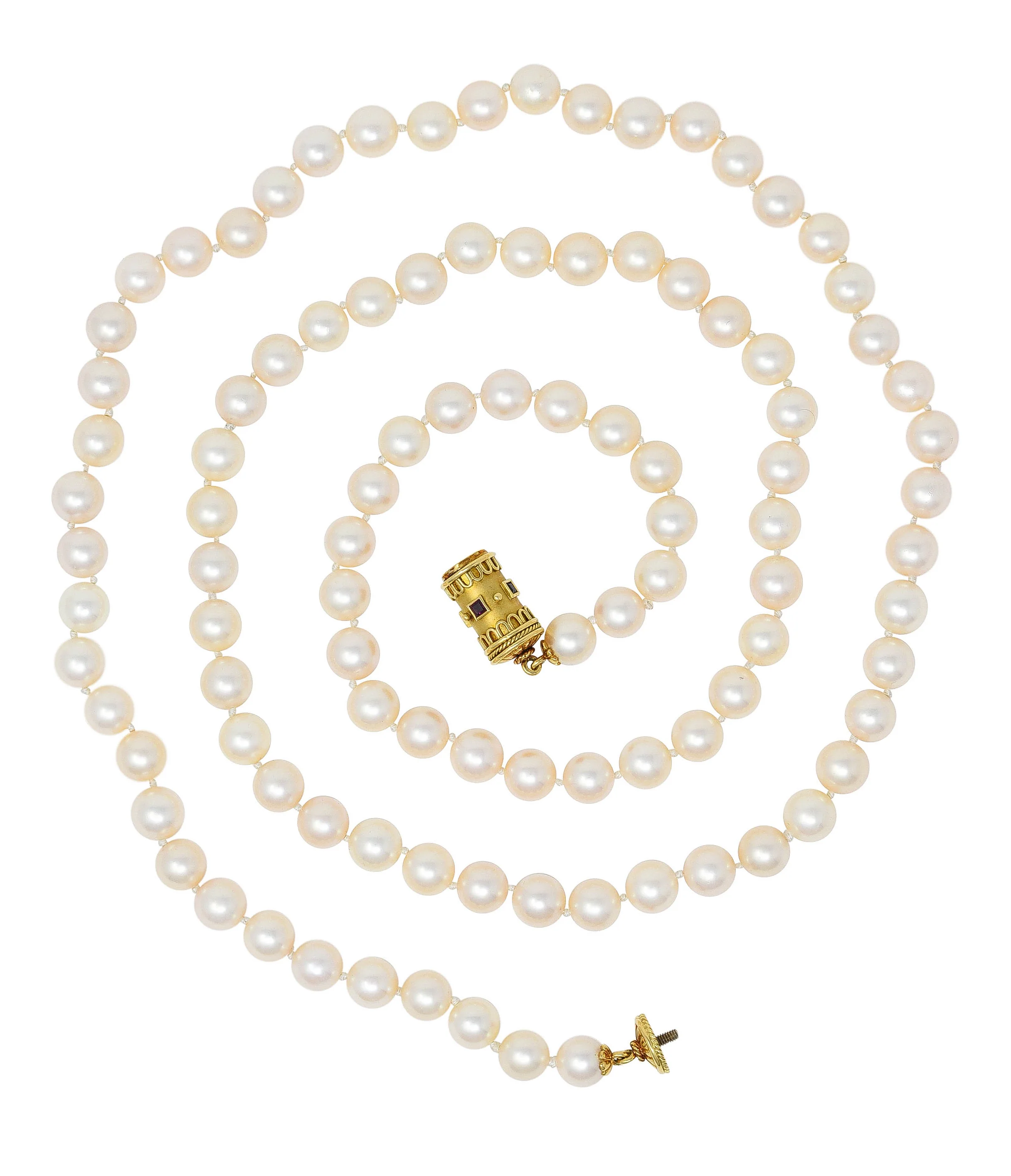 1960's Vintage Cultured Pearl Ruby 18 Karat Gold Necklace - Image 2