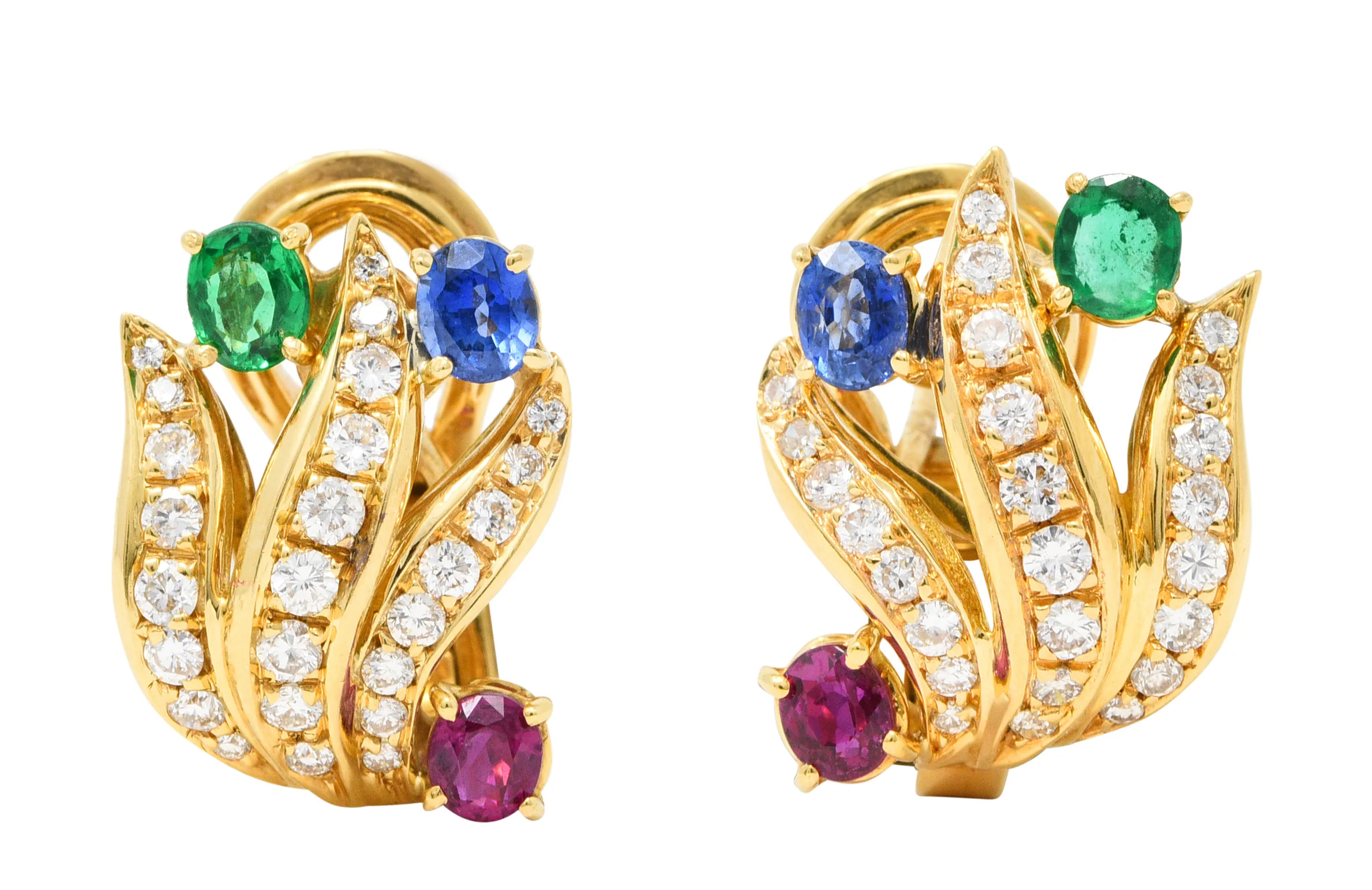 1960's Vintage Diamond Emerald Sapphire Ruby 18 Karat Gold Earrings