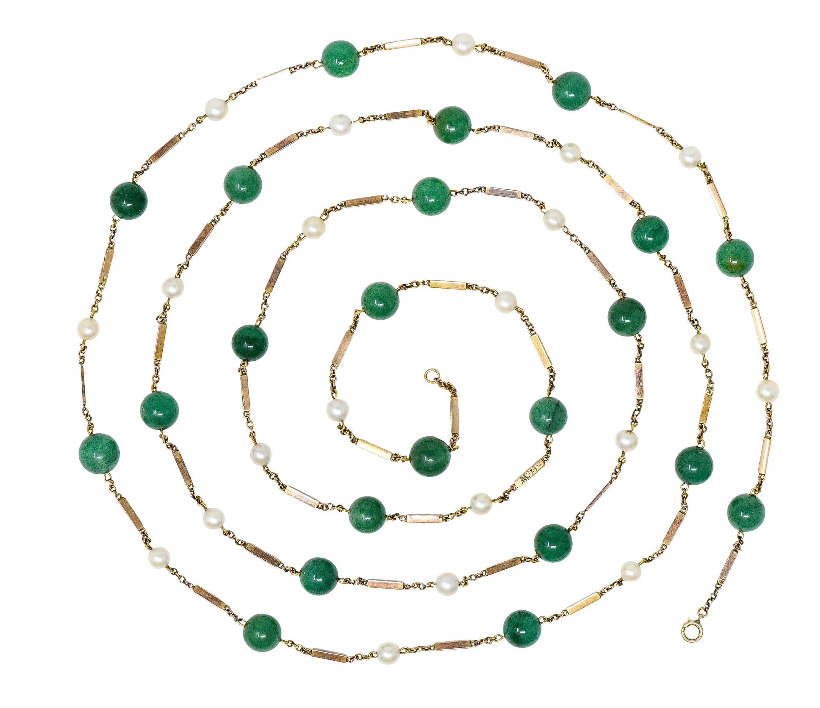 1960's Vintage Pearl Aventurine 14 Karat Gold 62 Inch Long Station Necklace - Image 2