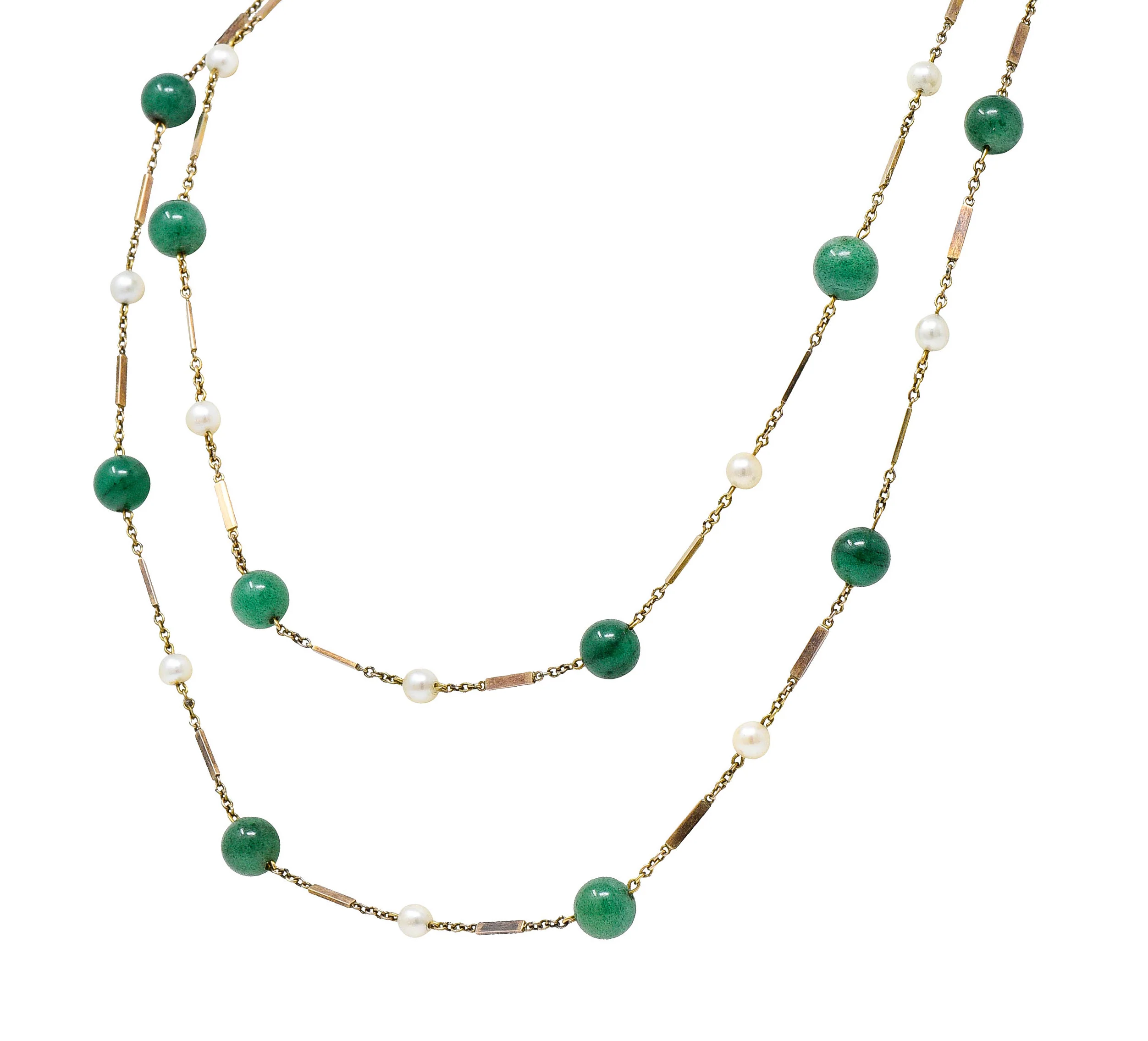 1960's Vintage Pearl Aventurine 14 Karat Gold 62 Inch Long Station Necklace - Image 4