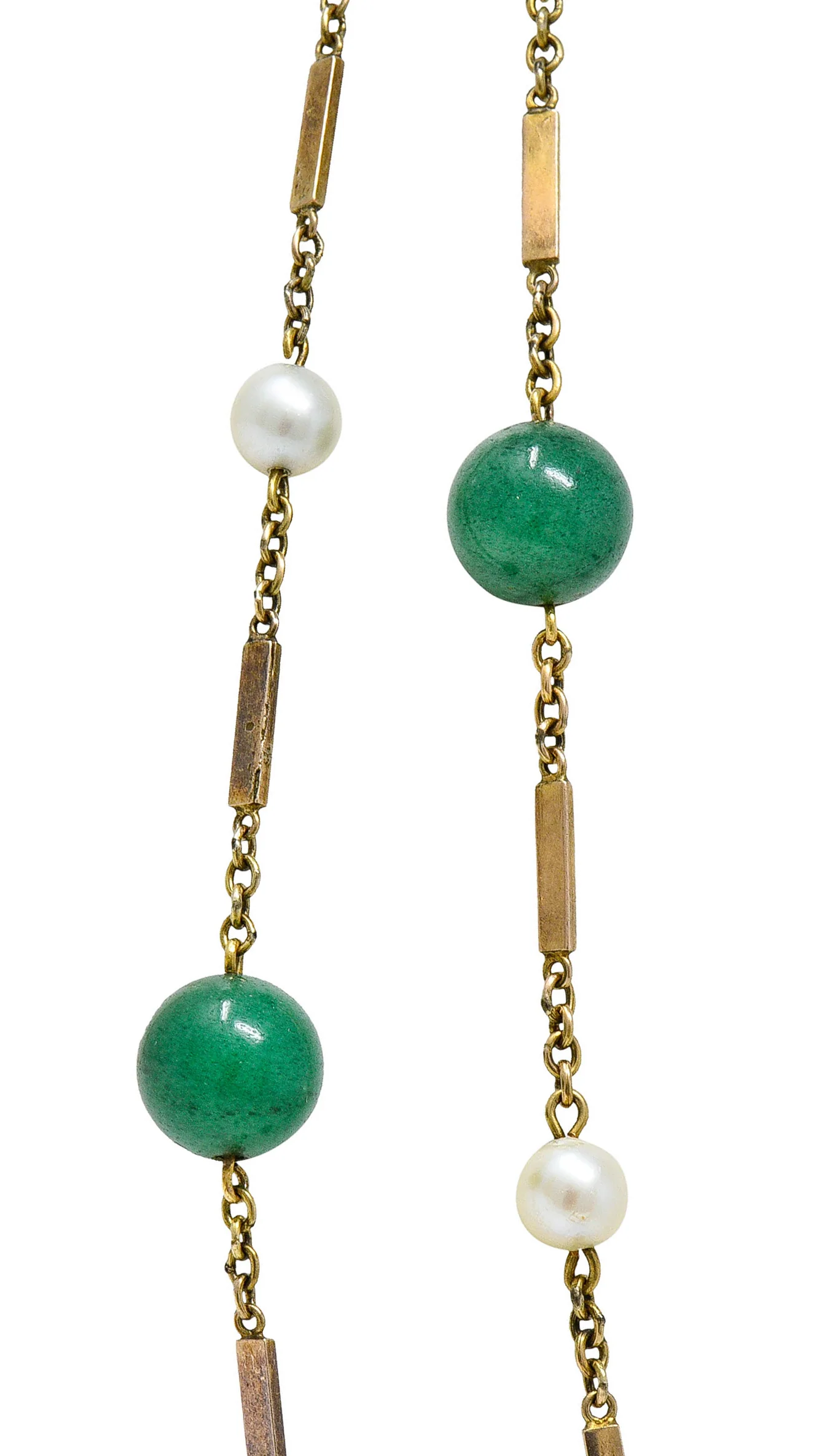 1960's Vintage Pearl Aventurine 14 Karat Gold 62 Inch Long Station Necklace - Image 6