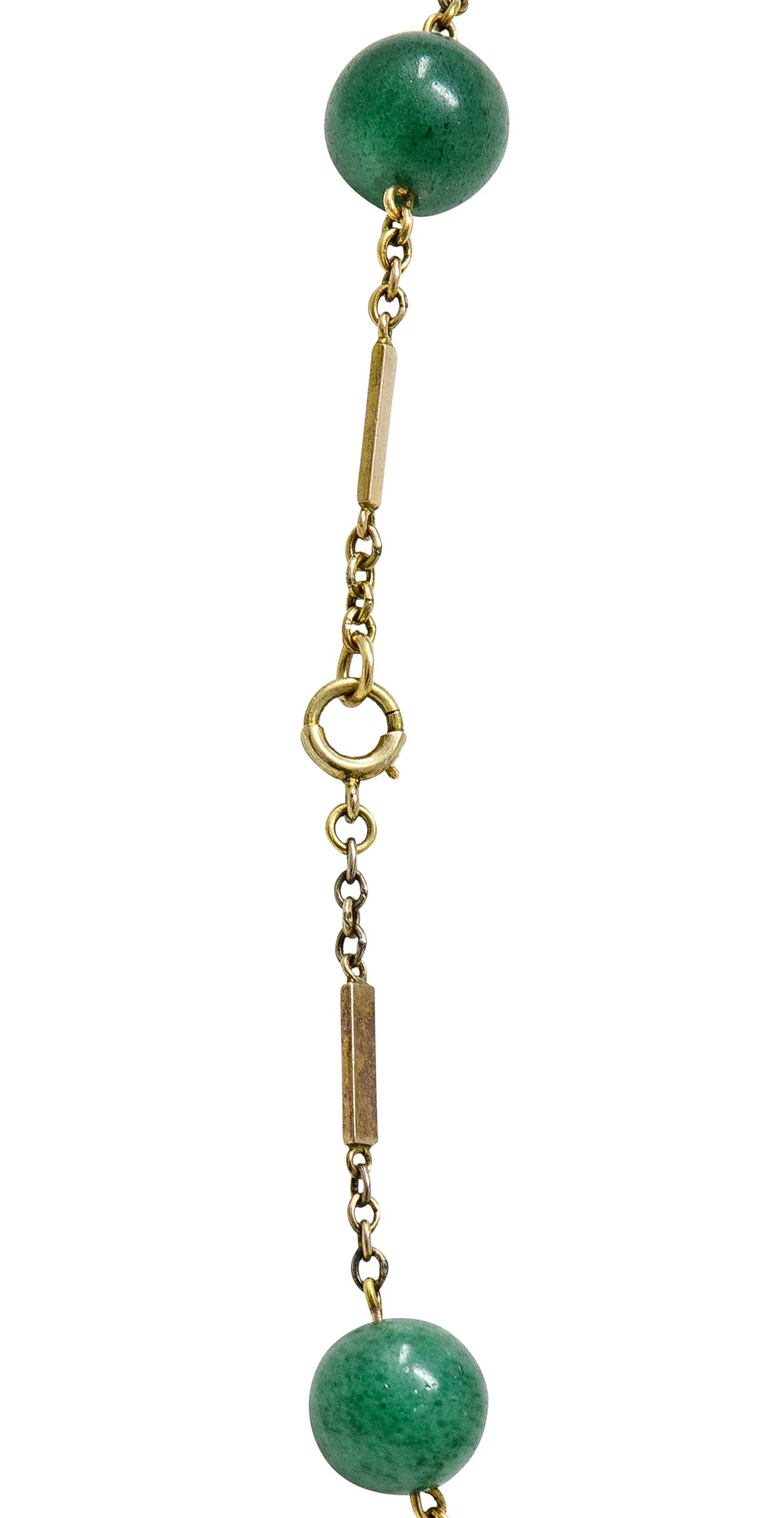 1960's Vintage Pearl Aventurine 14 Karat Gold 62 Inch Long Station Necklace - Image 7
