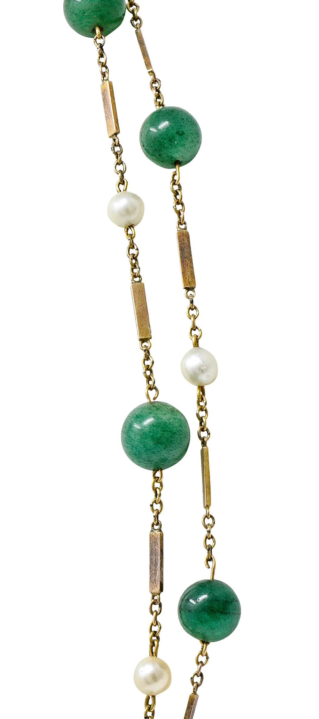 1960's Vintage Pearl Aventurine 14 Karat Gold 62 Inch Long Station Necklace - Image 8