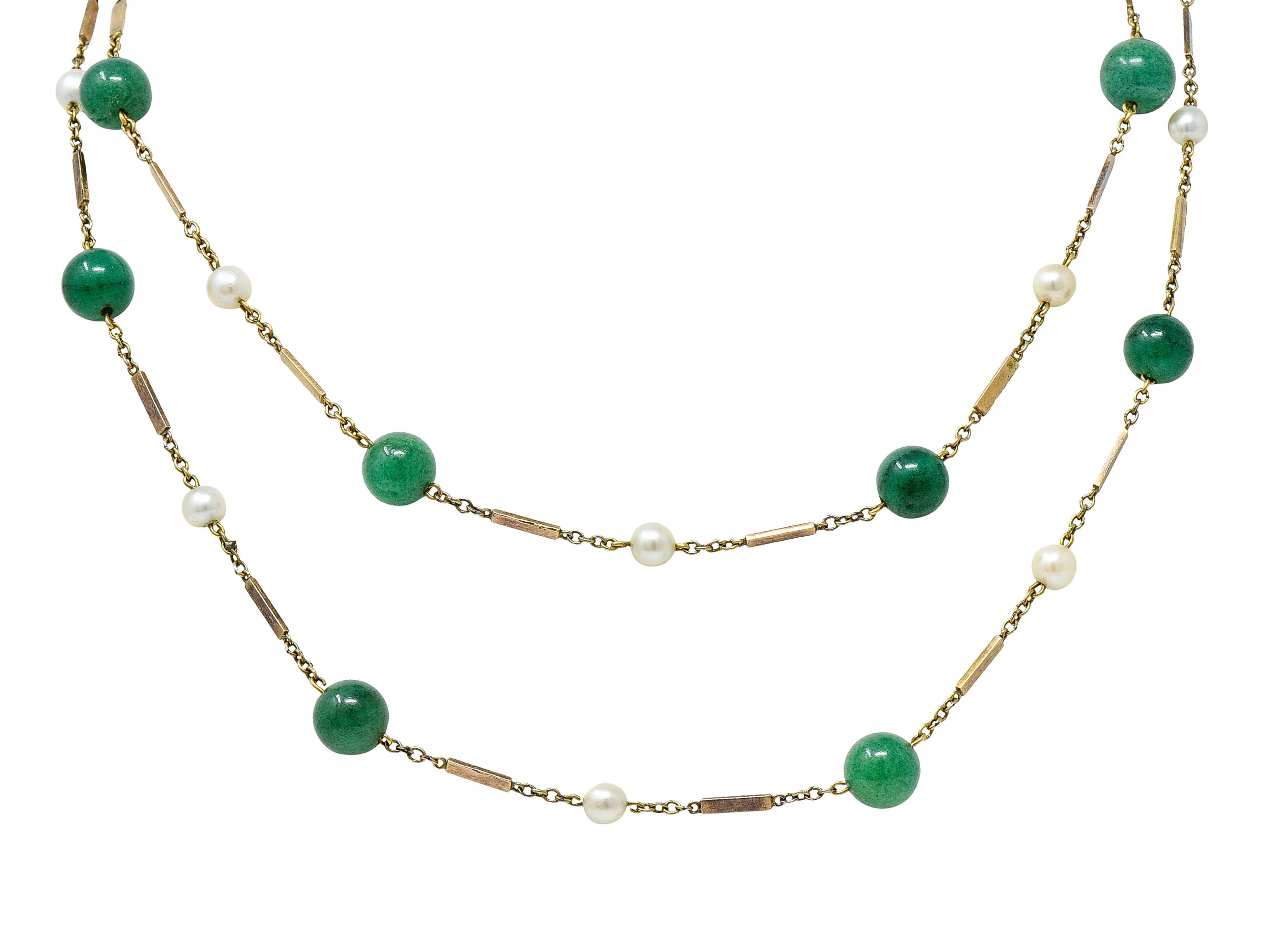 1960's Vintage Pearl Aventurine 14 Karat Gold 62 Inch Long Station Necklace - Image 9