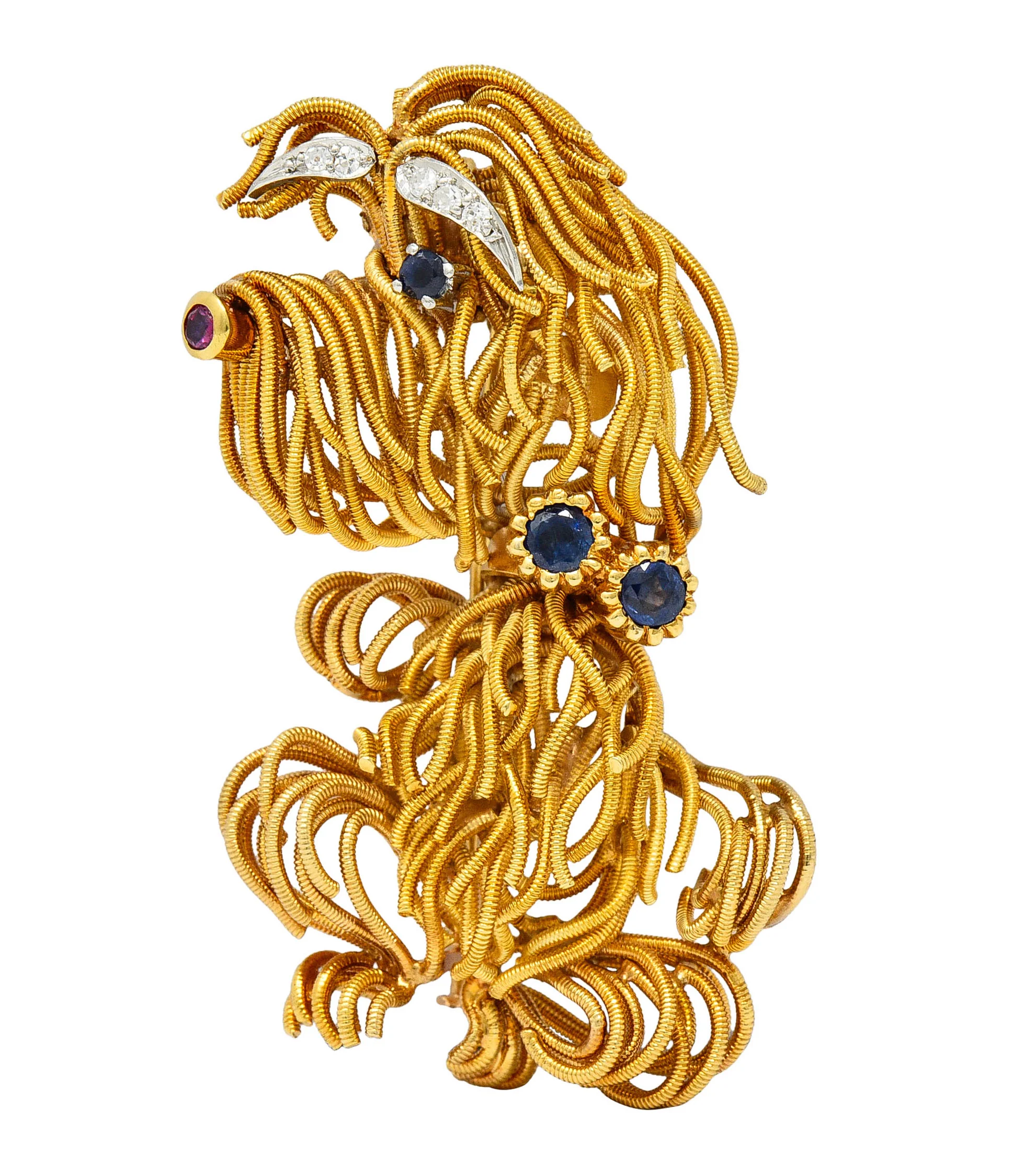 1960's Vintage Sapphire Ruby Diamond 18 Karat Gold Maltese Dog Brooch