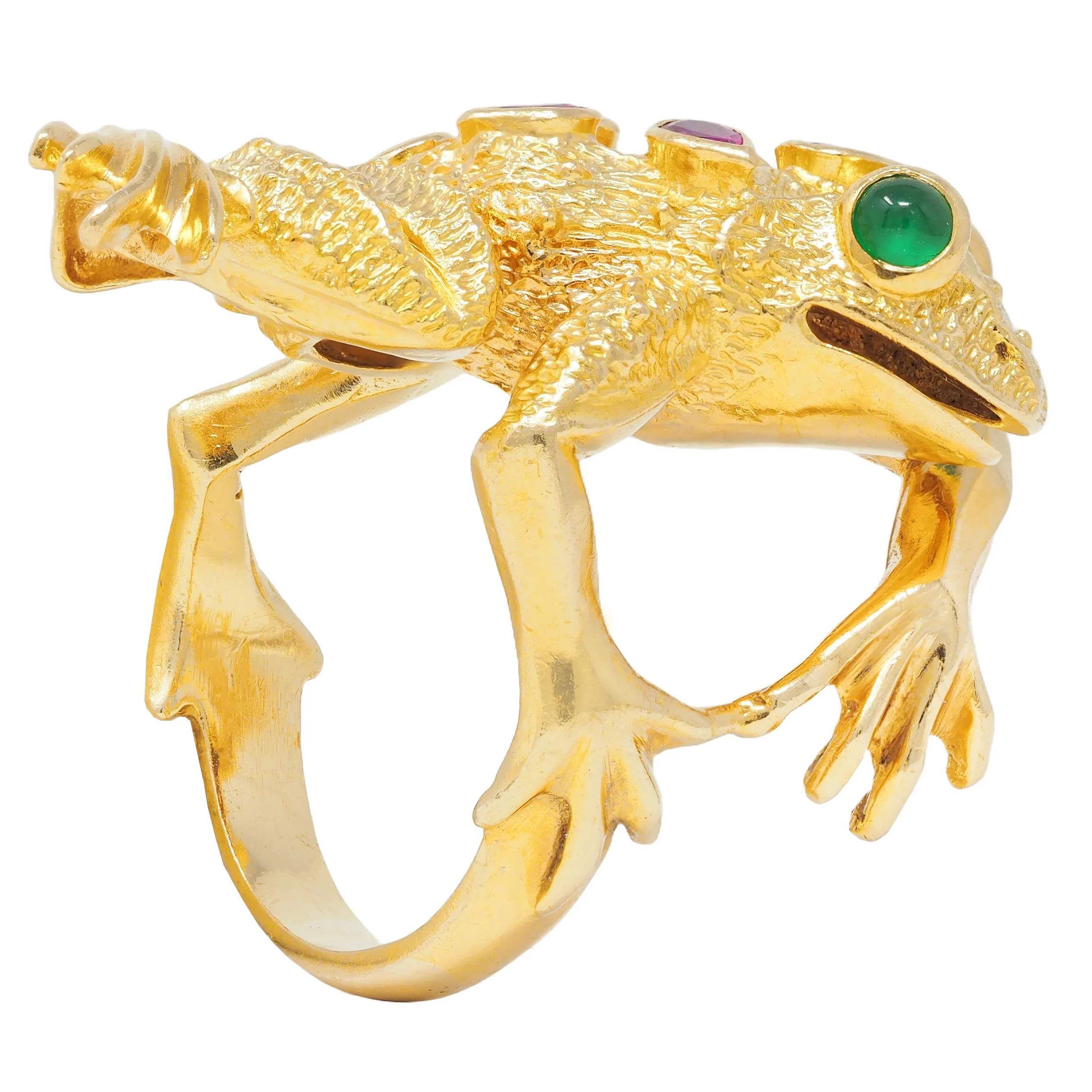 1969 Kurt Wayne 1.60 CTW Ruby Emerald 18 Karat Yellow Gold Vintage Frog Ring - Image 11
