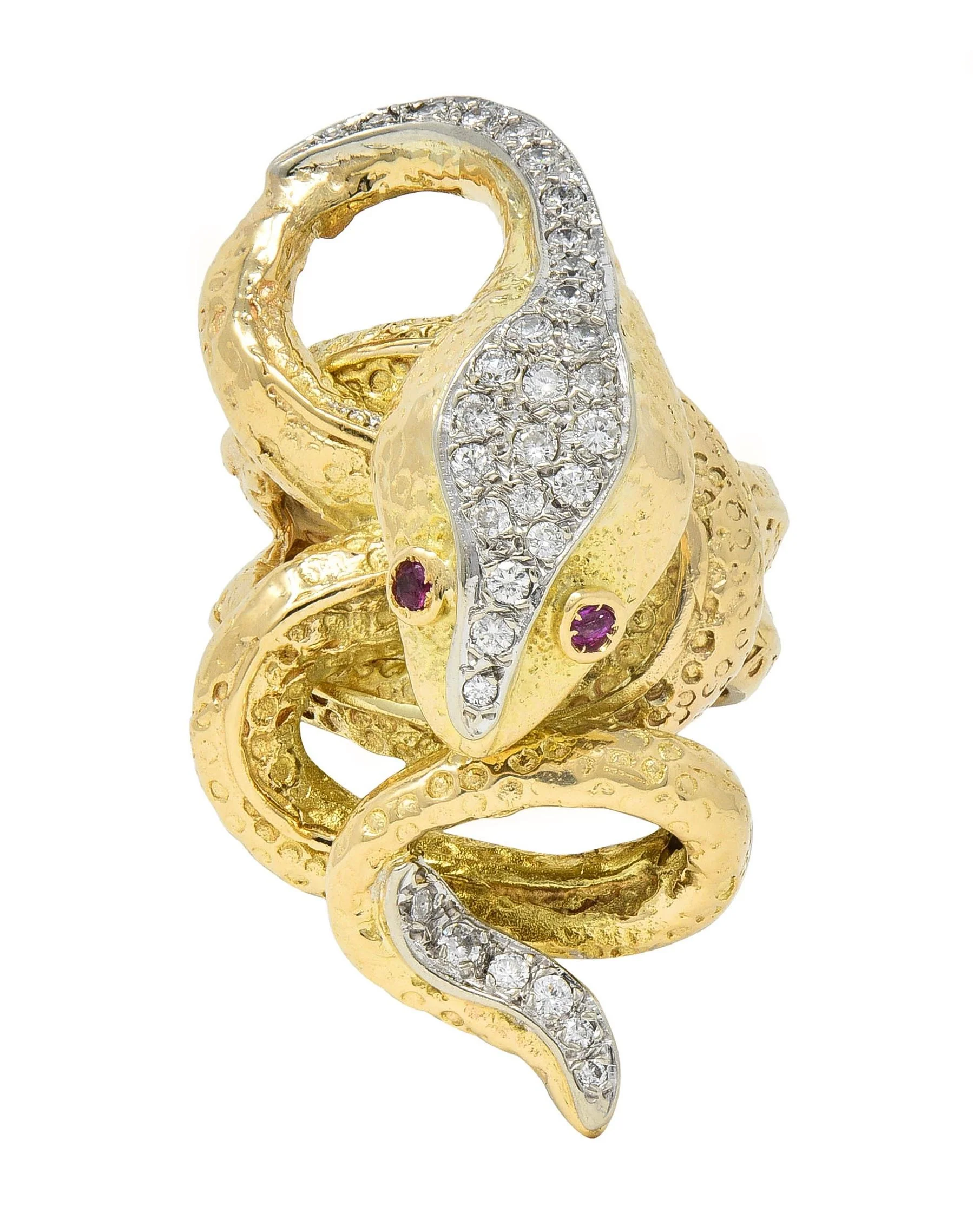1970's 1.00 CTW Diamond Ruby 14 Karat Two-Tone Gold Vintage Unisex Snake Ring