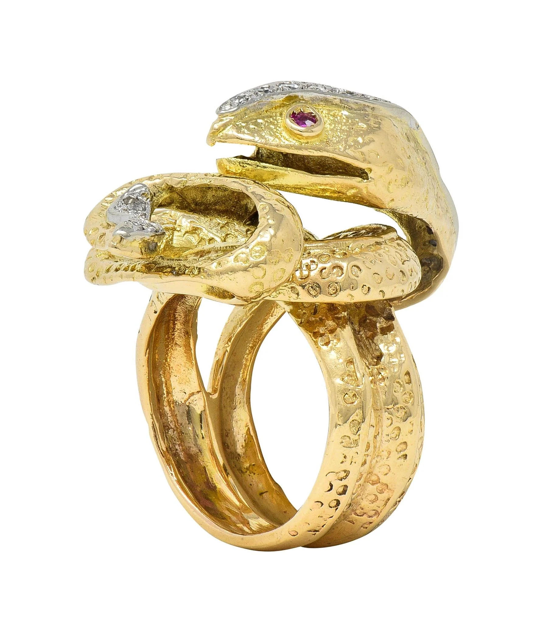 1970's 1.00 CTW Diamond Ruby 14 Karat Two-Tone Gold Vintage Unisex Snake Ring - Image 10