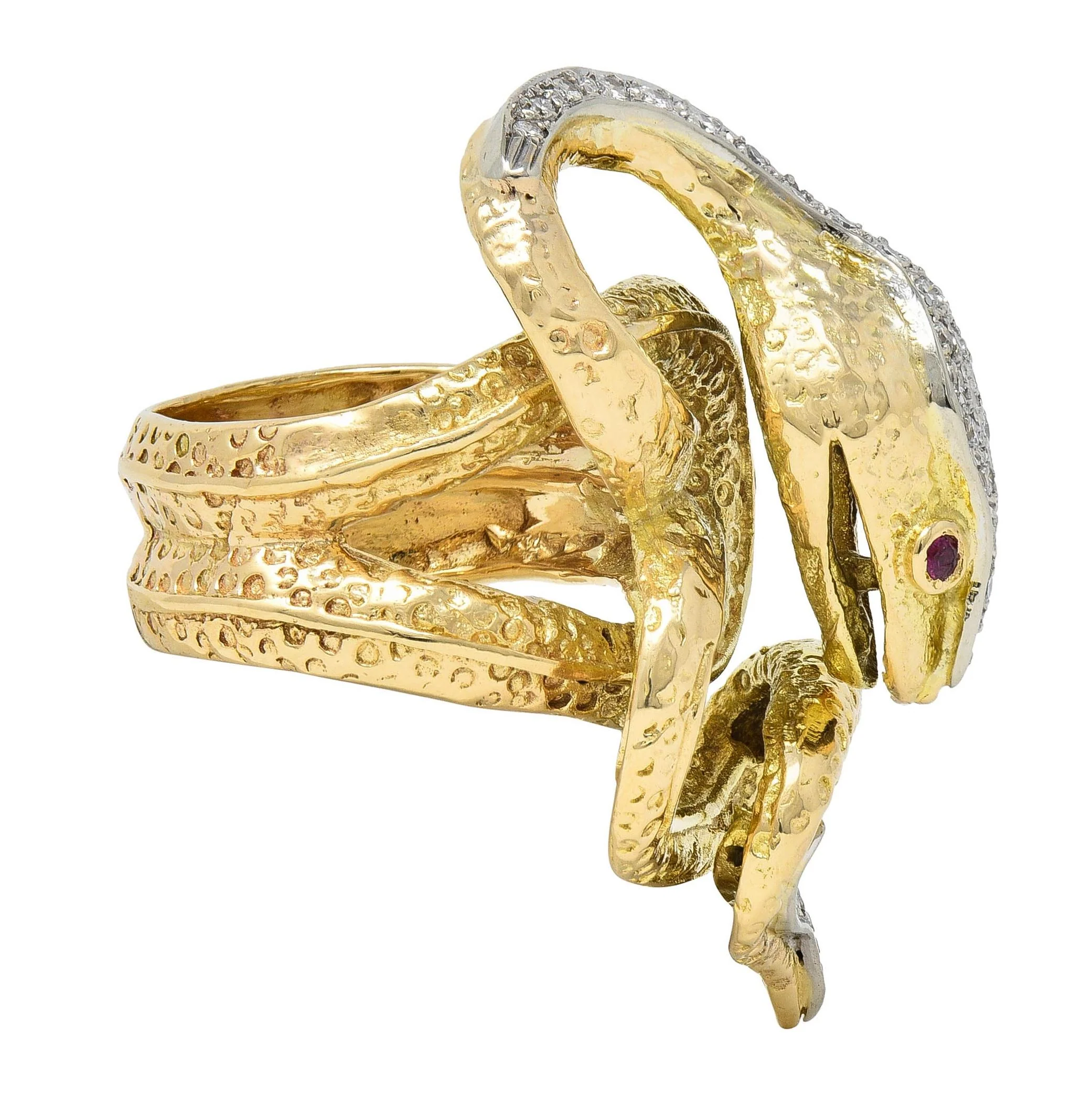 1970's 1.00 CTW Diamond Ruby 14 Karat Two-Tone Gold Vintage Unisex Snake Ring - Image 3