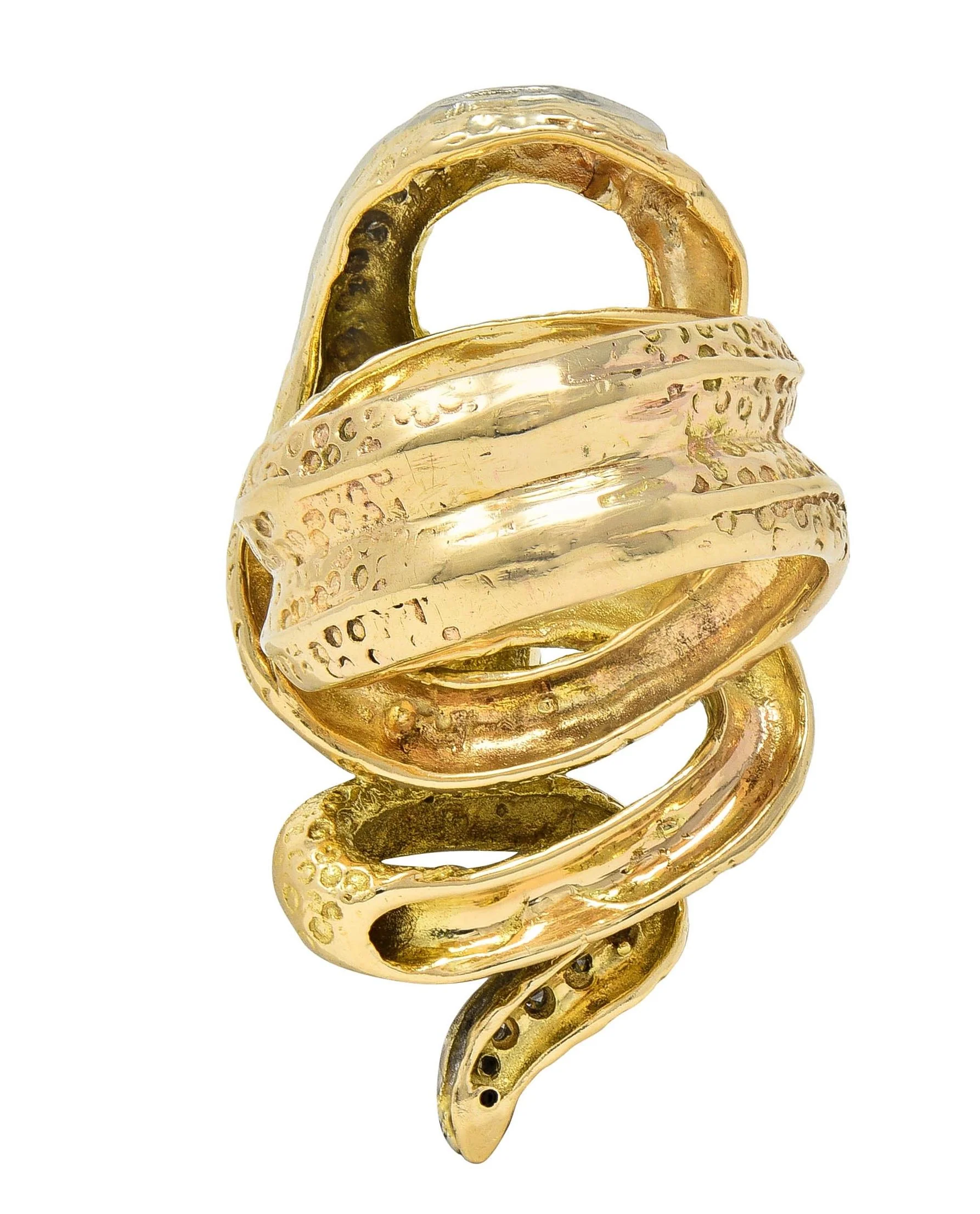 1970's 1.00 CTW Diamond Ruby 14 Karat Two-Tone Gold Vintage Unisex Snake Ring - Image 4