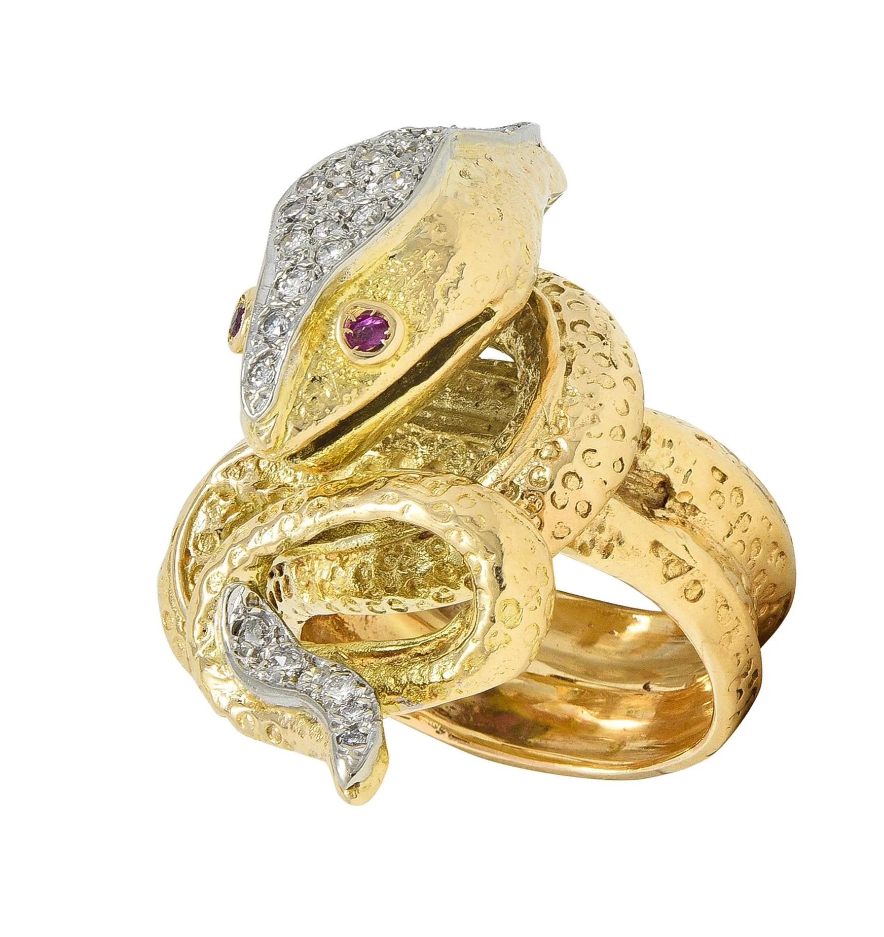 1970's 1.00 CTW Diamond Ruby 14 Karat Two-Tone Gold Vintage Unisex Snake Ring - Image 7