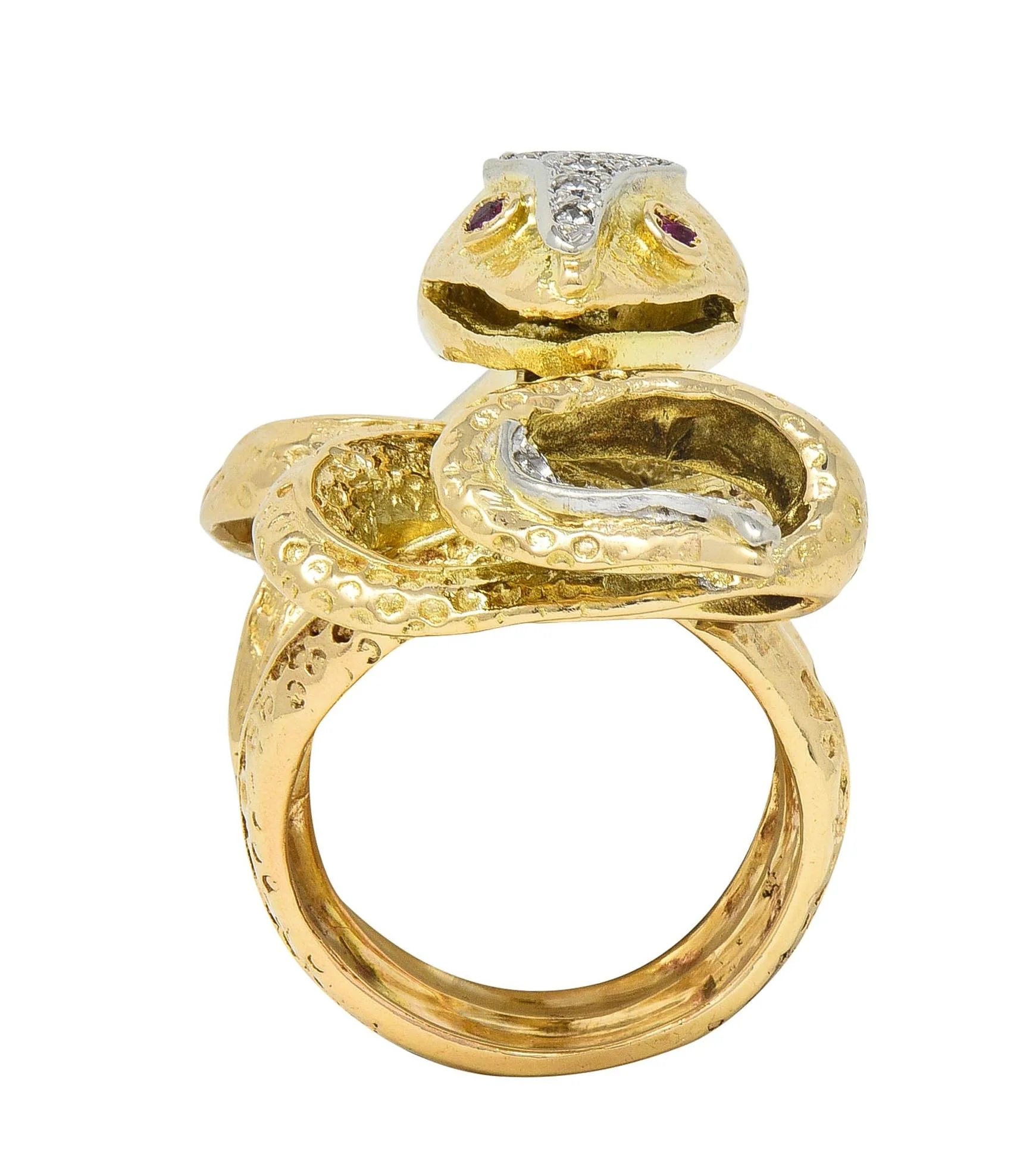 1970's 1.00 CTW Diamond Ruby 14 Karat Two-Tone Gold Vintage Unisex Snake Ring - Image 9