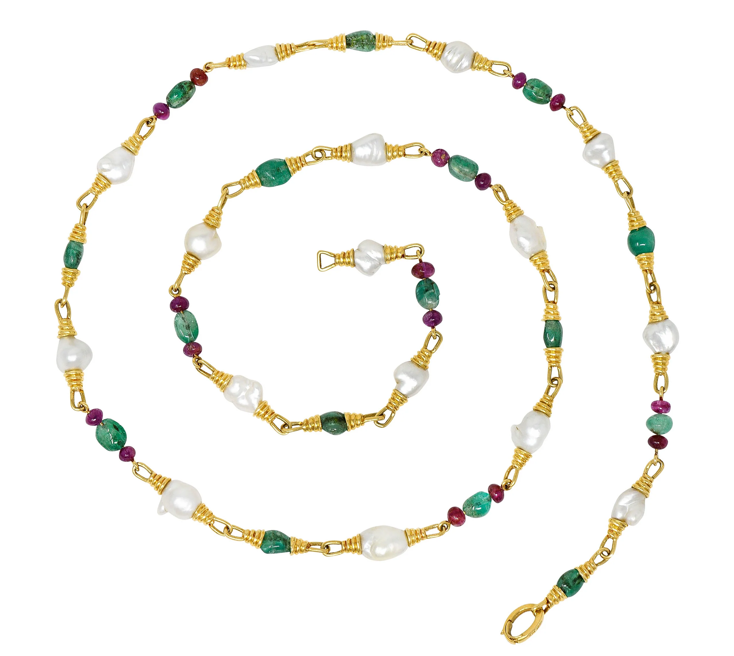 1970's David Webb Baroque Pearl Ruby Emerald 18 Karat Gold Gemstone Necklace - Image 2