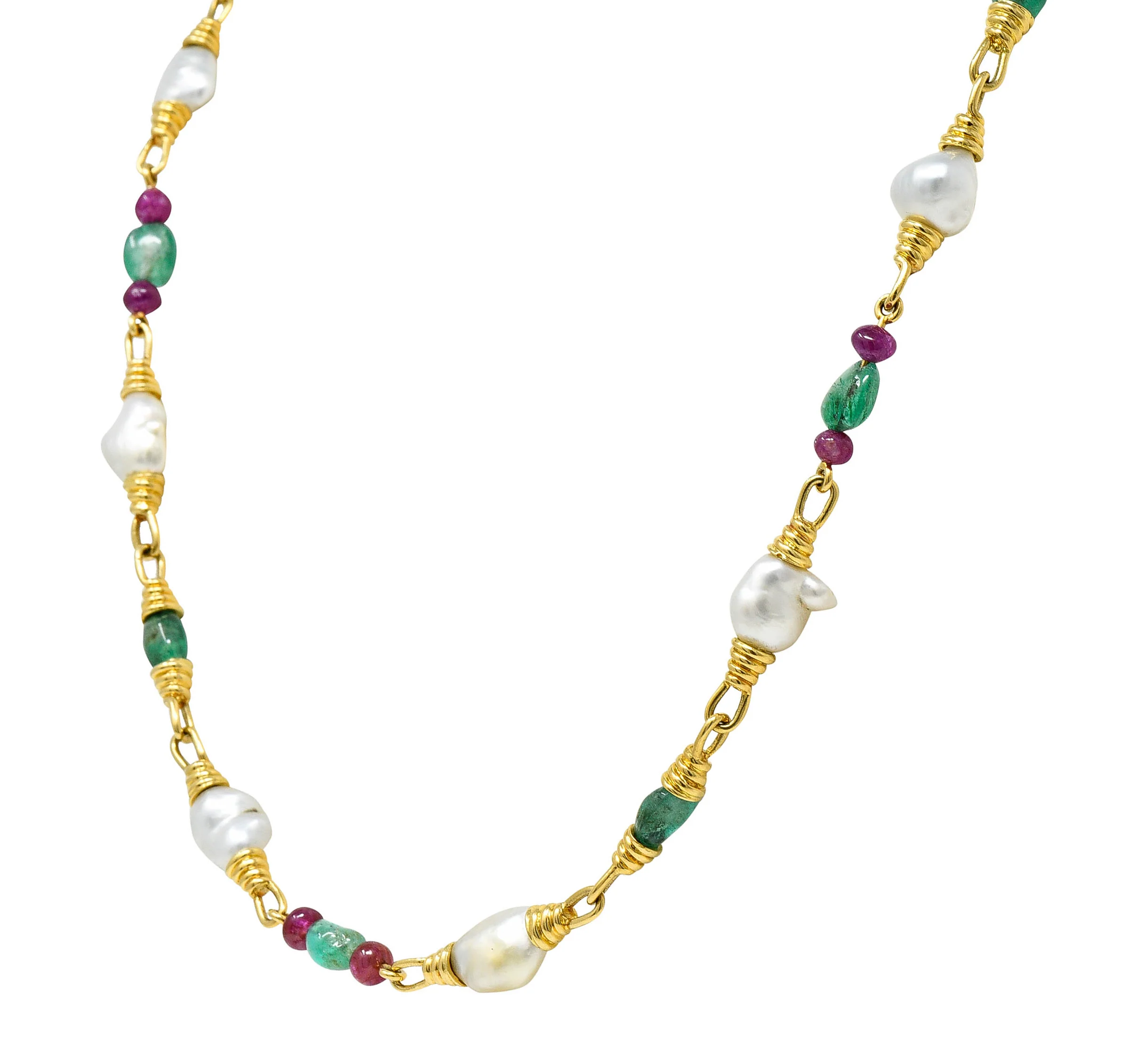 1970's David Webb Baroque Pearl Ruby Emerald 18 Karat Gold Gemstone Necklace - Image 4