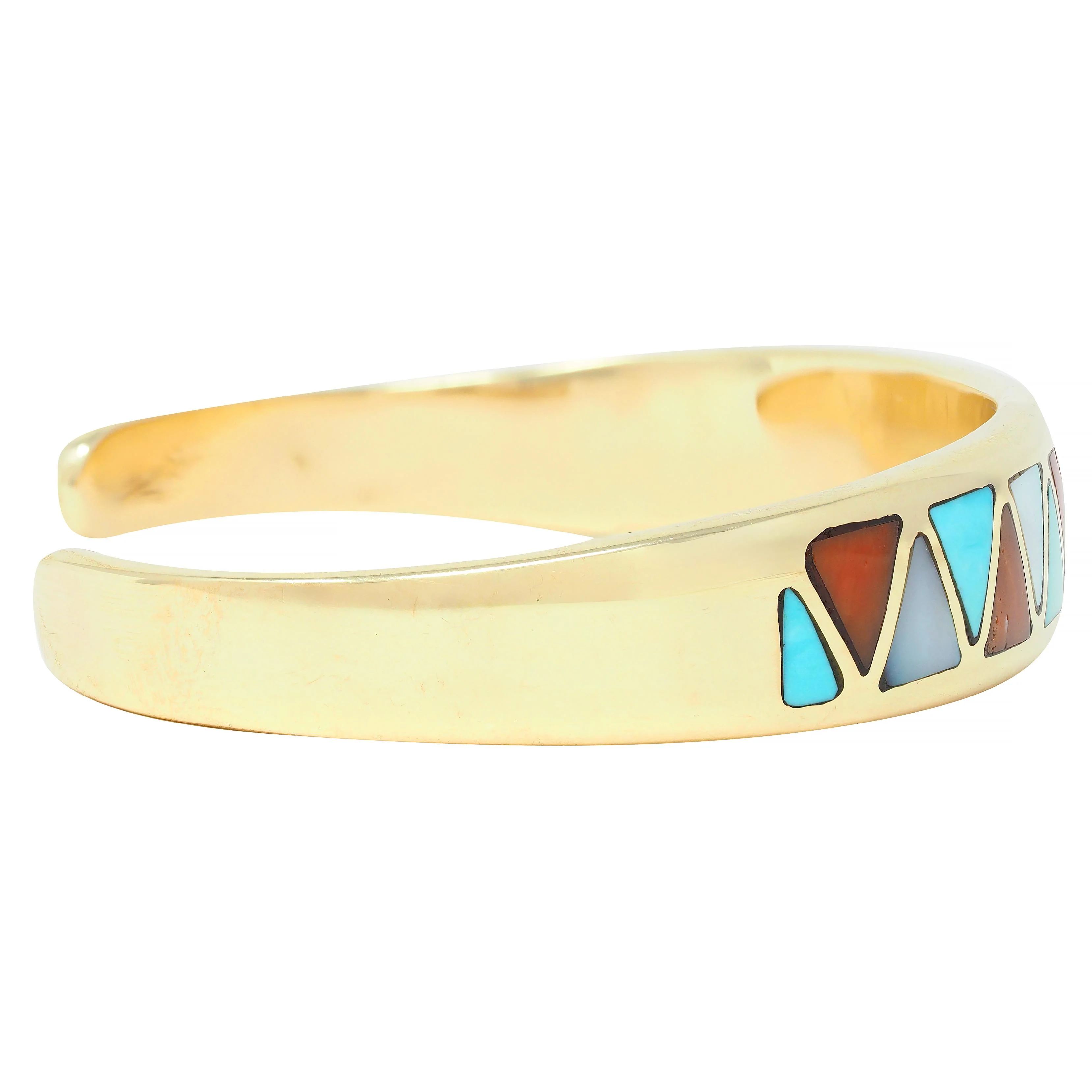 1970's Diamond Turquoise Carnelian Mother-Of-Pearl 14K Gold Inlay Vintage Cuff Bracelet - Image 2