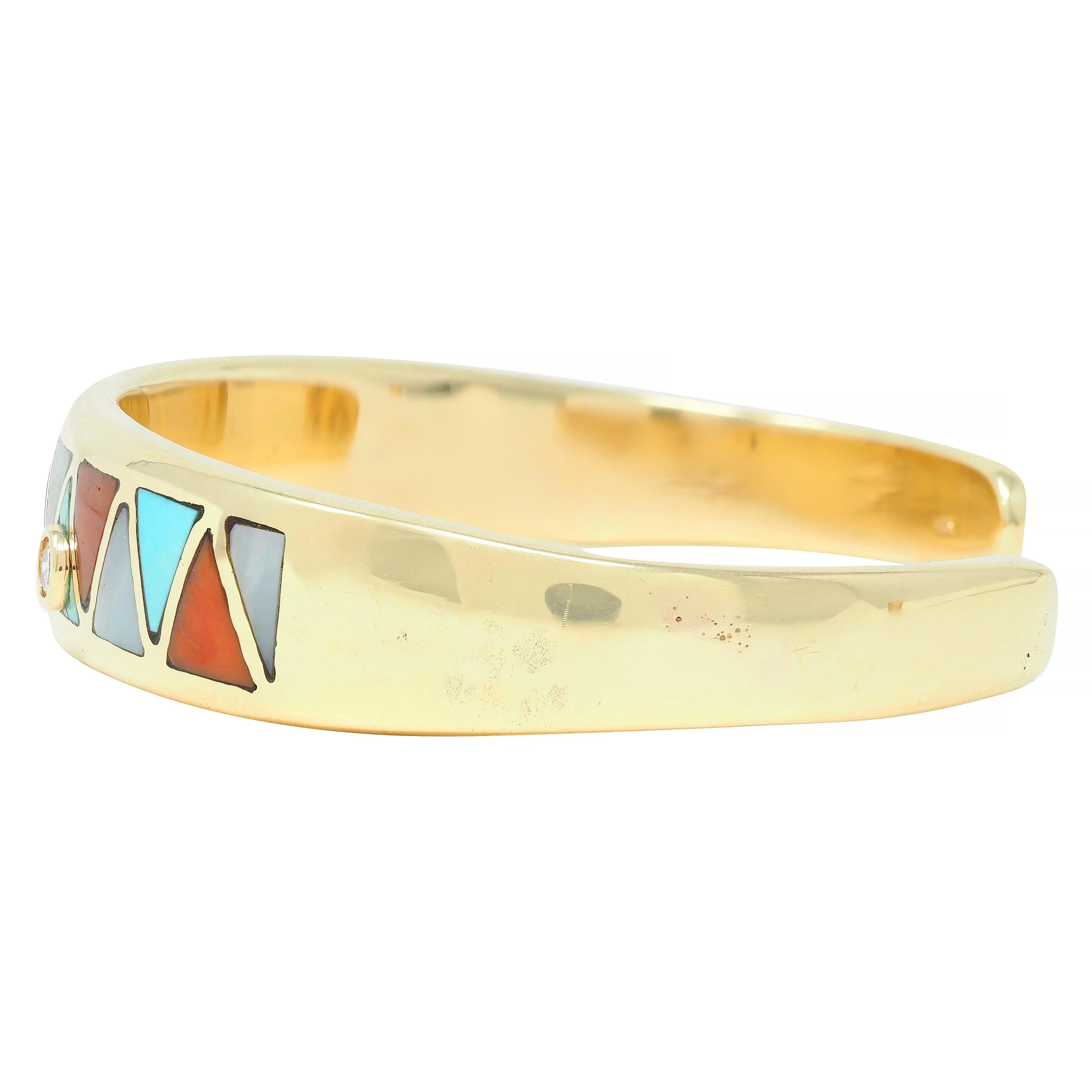 1970's Diamond Turquoise Carnelian Mother-Of-Pearl 14K Gold Inlay Vintage Cuff Bracelet - Image 4