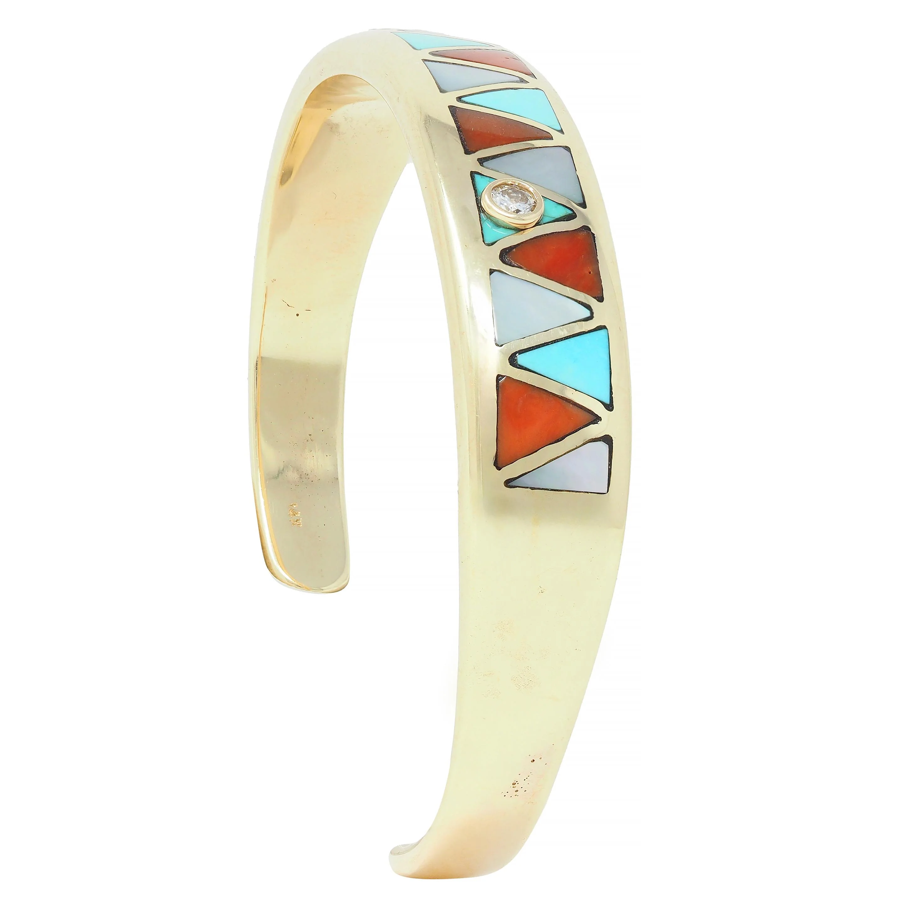 1970's Diamond Turquoise Carnelian Mother-Of-Pearl 14K Gold Inlay Vintage Cuff Bracelet - Image 7