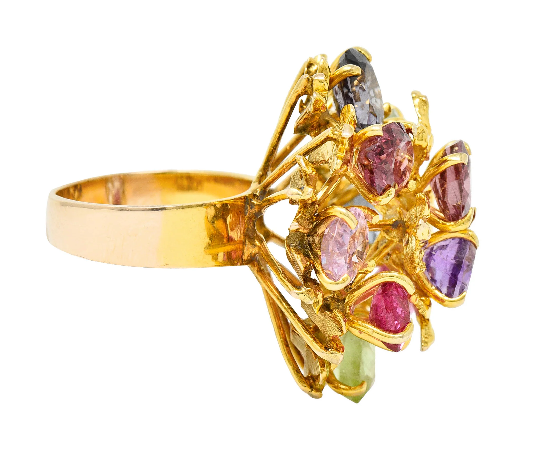 1970's Multi-Gem Spinel Peridot 14 Karat Gold Branching Cluster Ring - Image 4