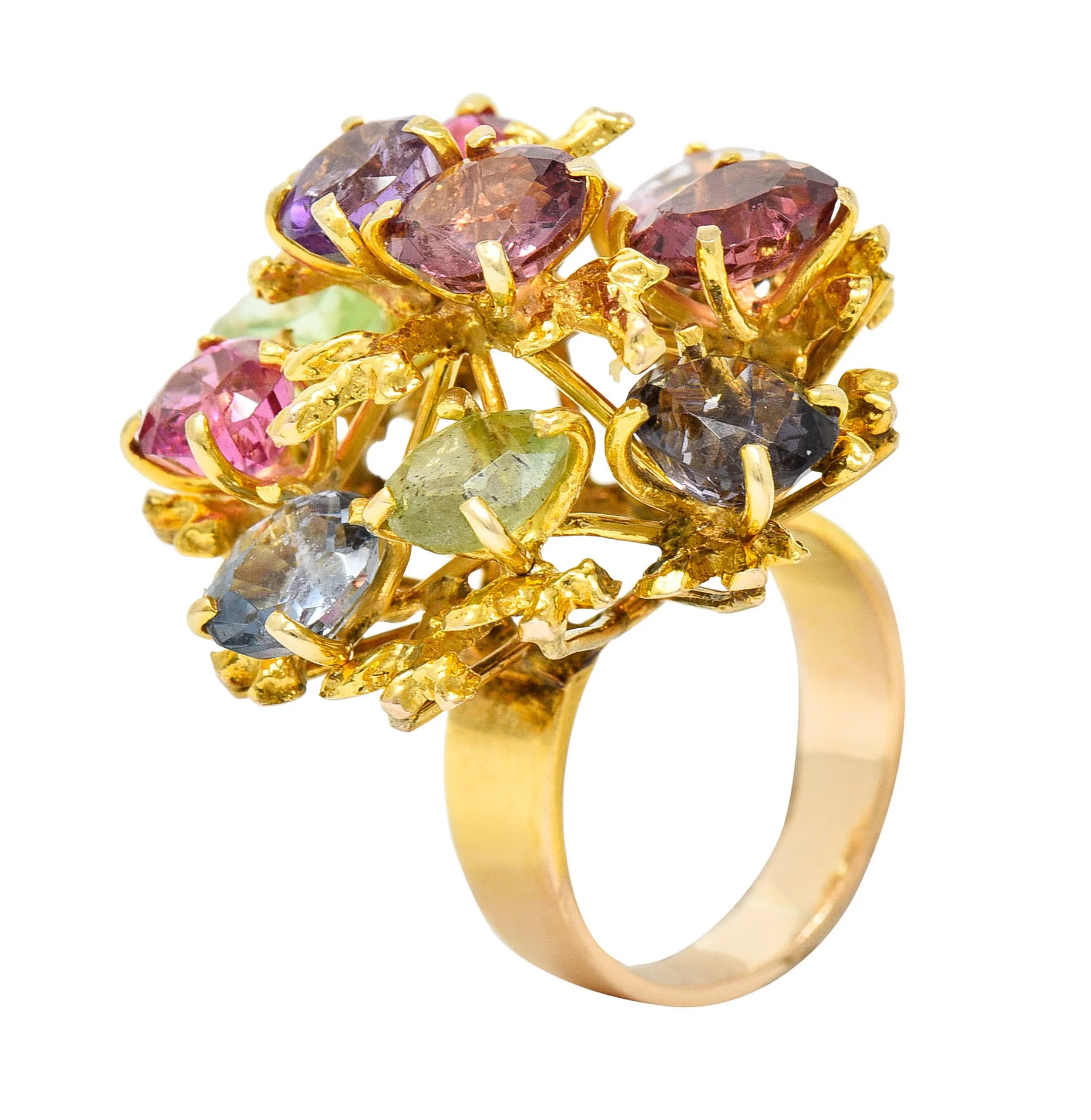1970's Multi-Gem Spinel Peridot 14 Karat Gold Branching Cluster Ring - Image 9