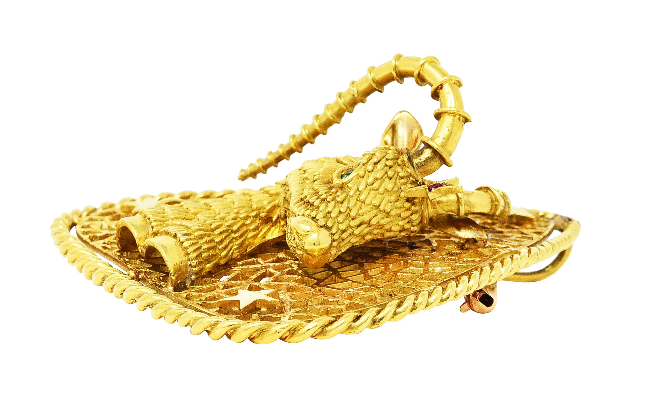 1970's Ruby Emerald 18 Karat Gold Ram Star Zodiac Pendant Brooch - Image 7