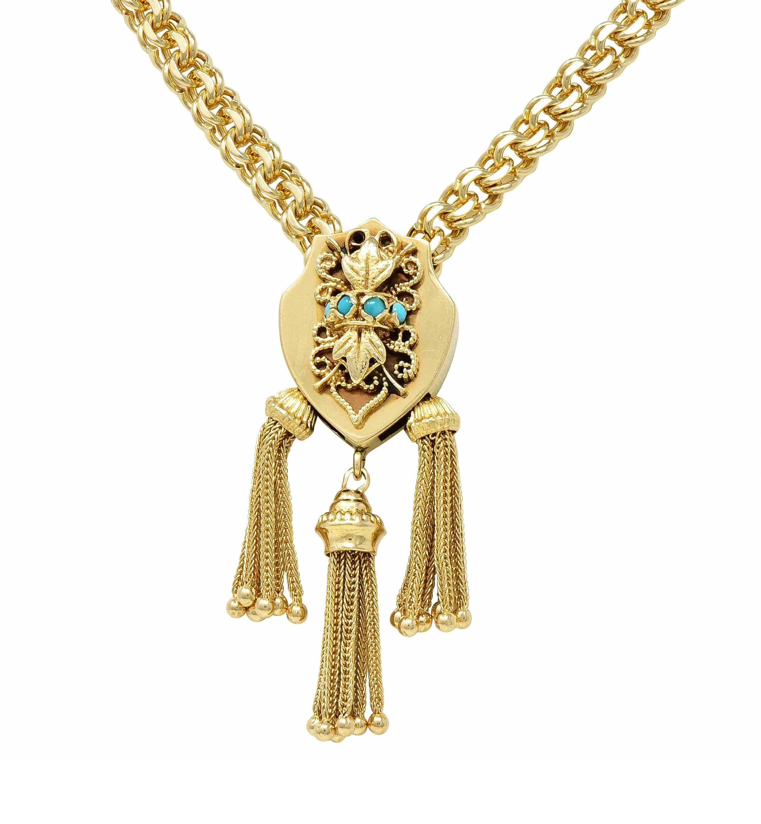 1970's Turquoise 14 Karat Yellow Gold Vintage Foliate Tassel Slide Cain Necklace - Image 10