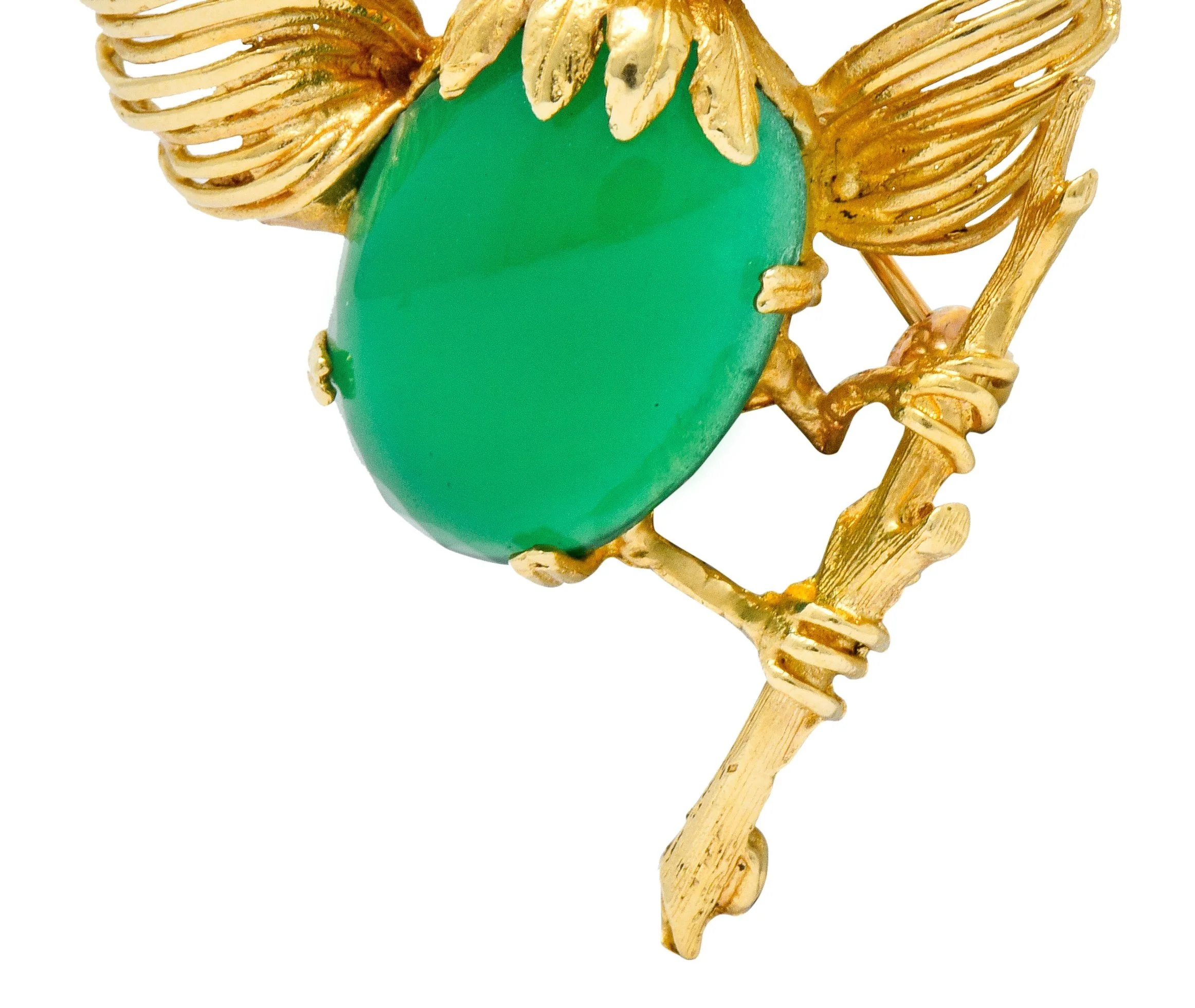 1970's Vintage Chrysoprase 14 Karat Gold Baby Bird Brooch - Image 5