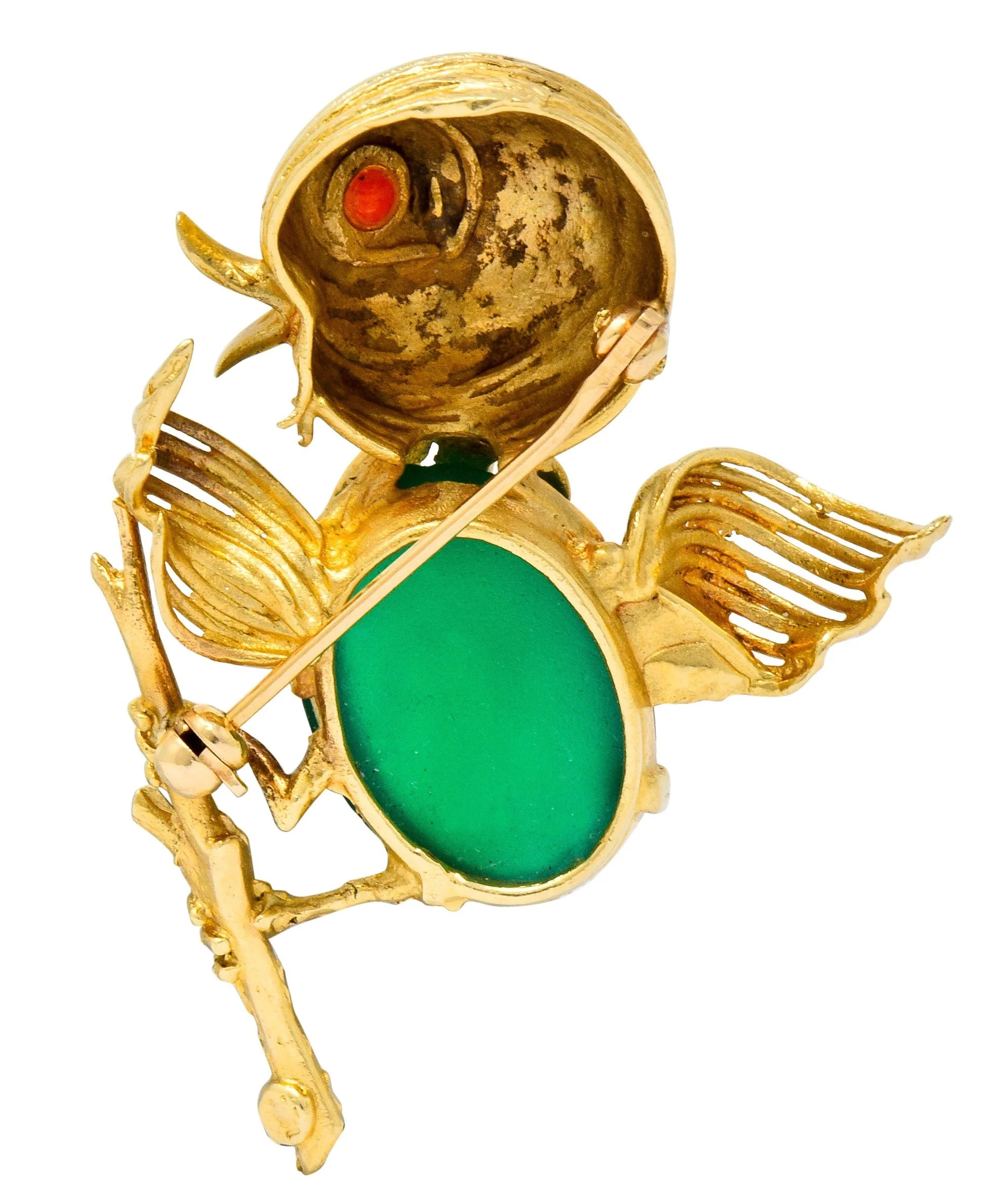 1970's Vintage Chrysoprase 14 Karat Gold Baby Bird Brooch - Image 6