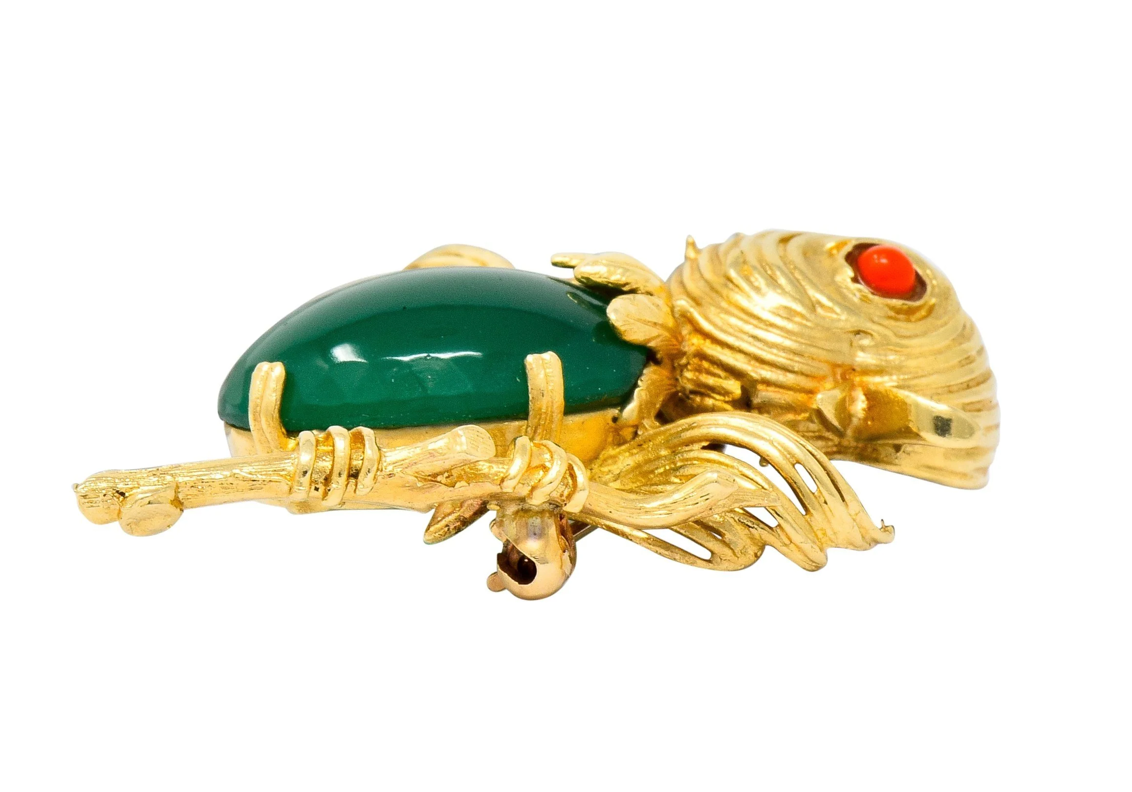 1970's Vintage Chrysoprase 14 Karat Gold Baby Bird Brooch - Image 7