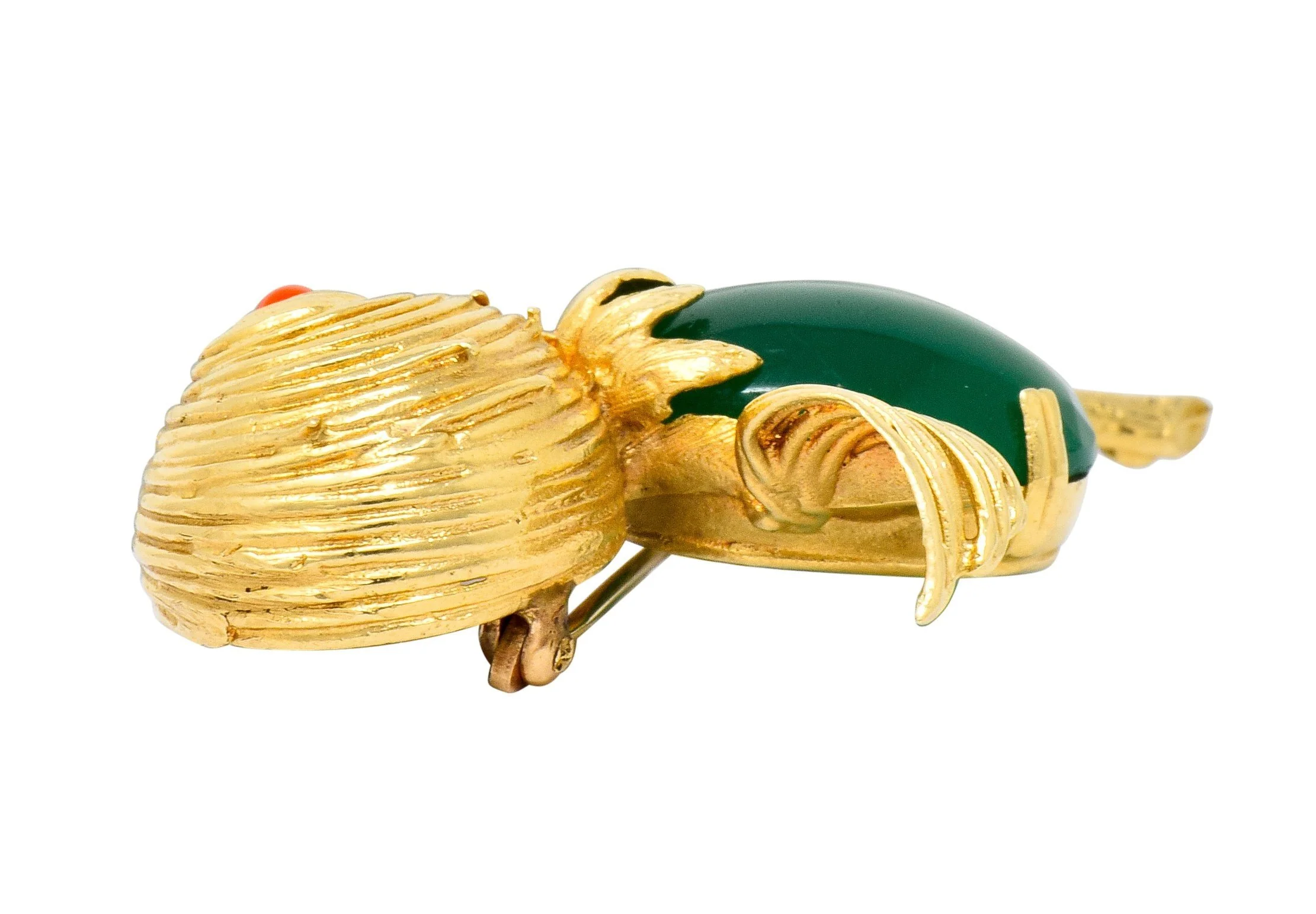 1970's Vintage Chrysoprase 14 Karat Gold Baby Bird Brooch - Image 8