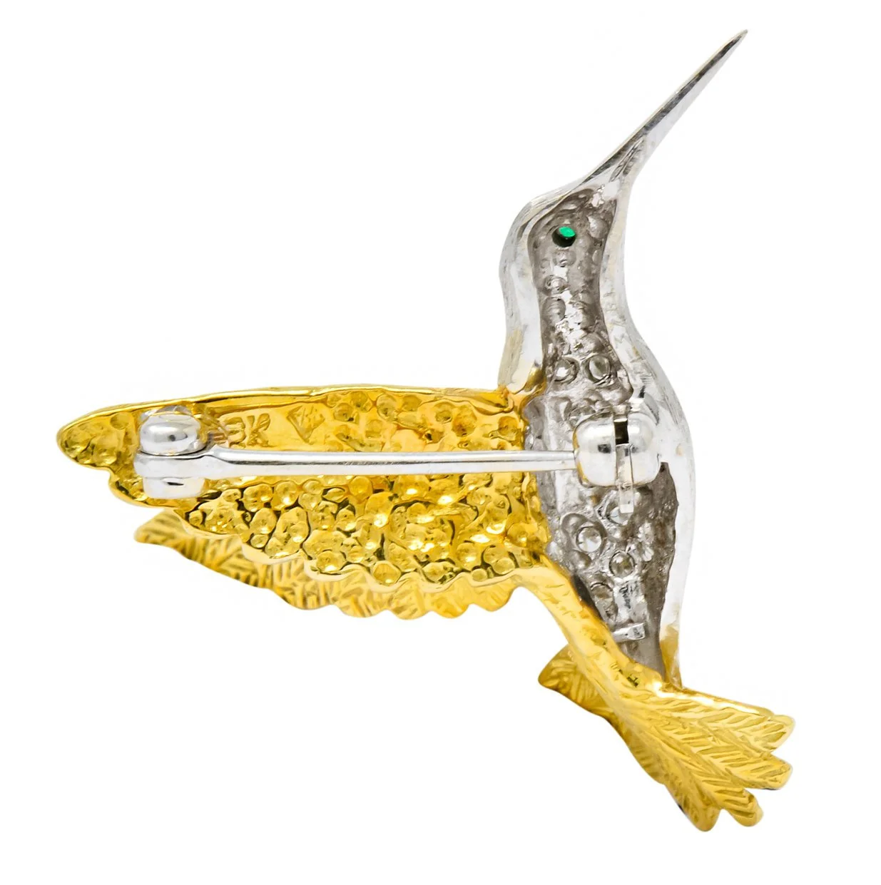 1970's Vintage Diamond Emerald 18 Karat Two-Tone Gold Hummingbird Brooch - Image 5