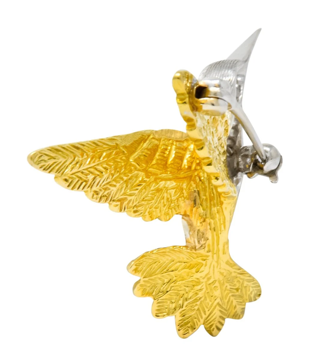 1970's Vintage Diamond Emerald 18 Karat Two-Tone Gold Hummingbird Brooch - Image 6
