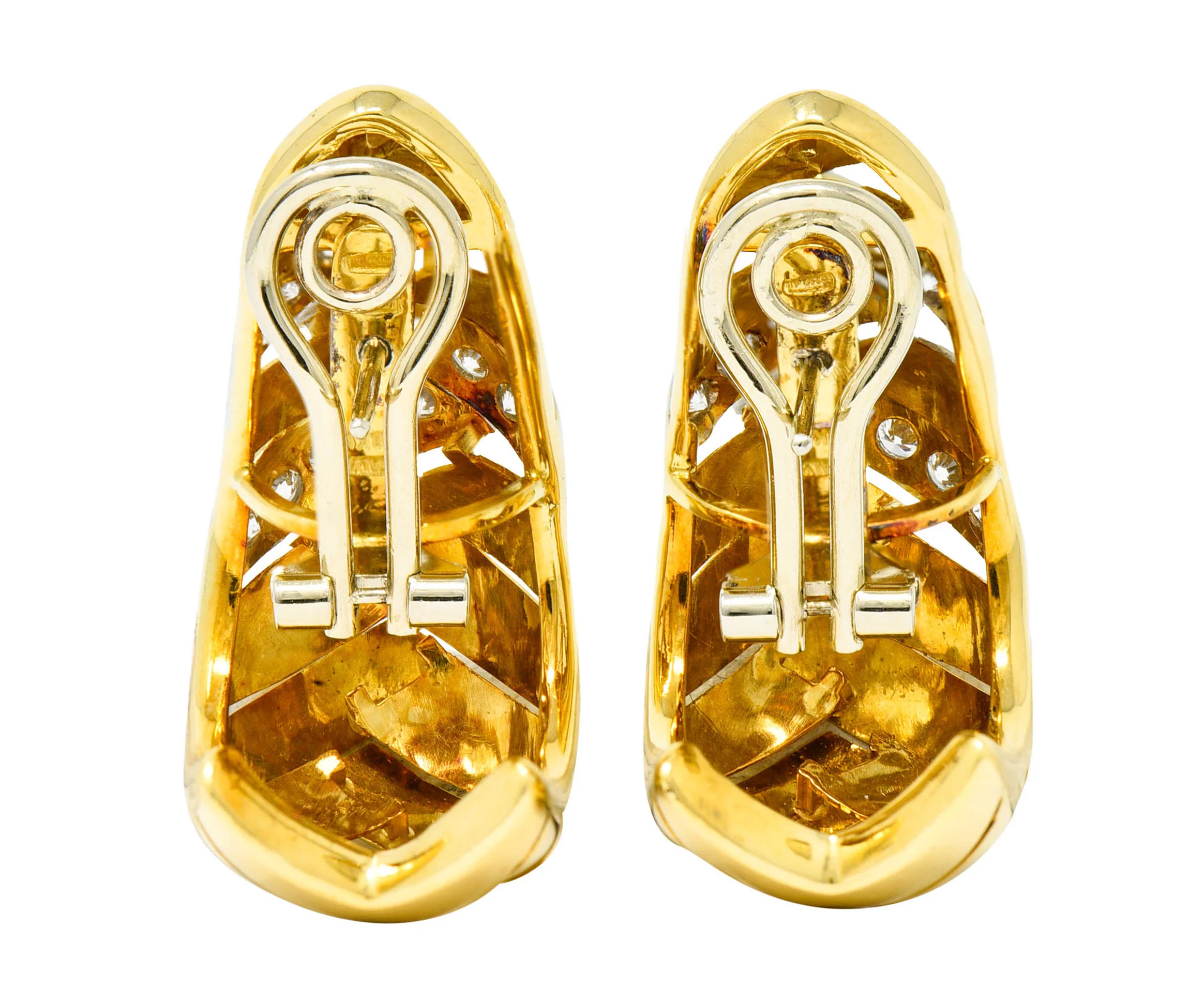 1970's Vintage Italian 2.08 CTW Diamond 18 Karat Two-Tone Gold Woven J Hoop Earrings - Image 4