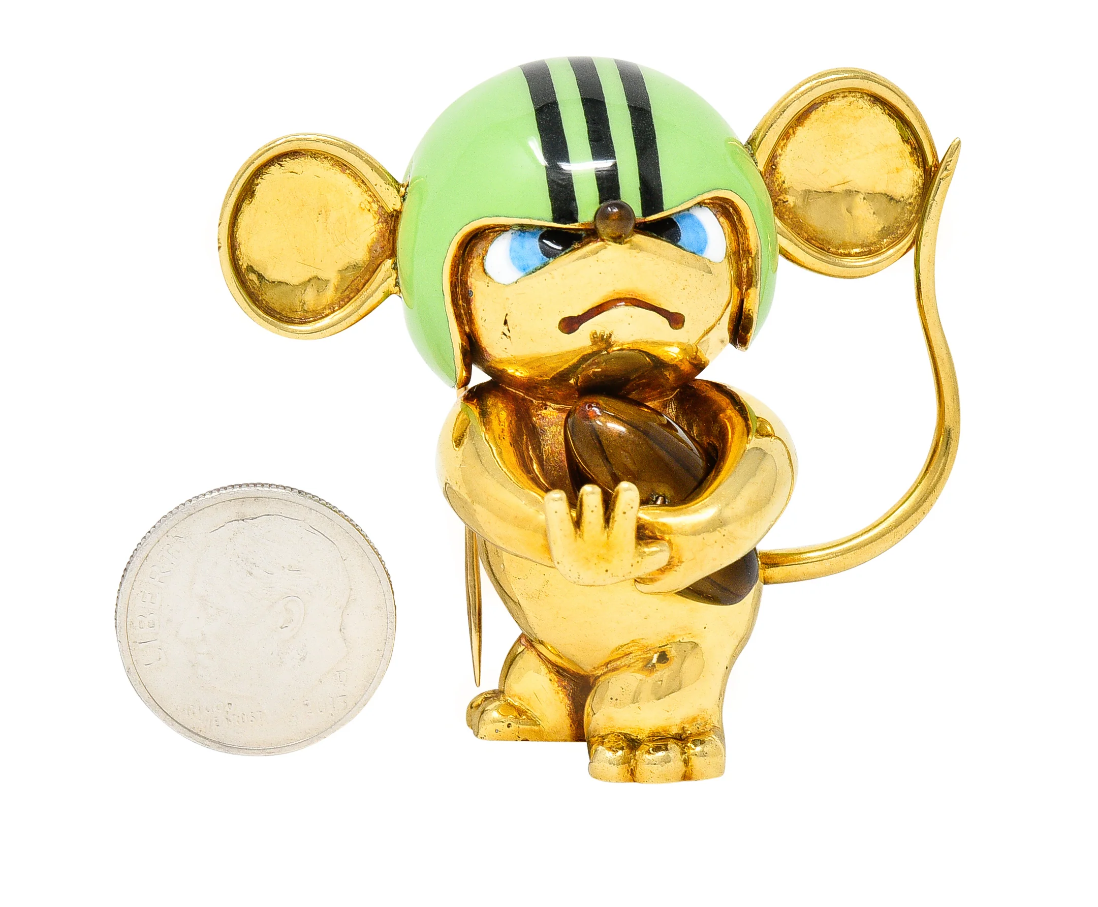 1972 Vintage Enamel 18 Karat Yellow Gold Rugby Mouse Football Brooch - Image 12