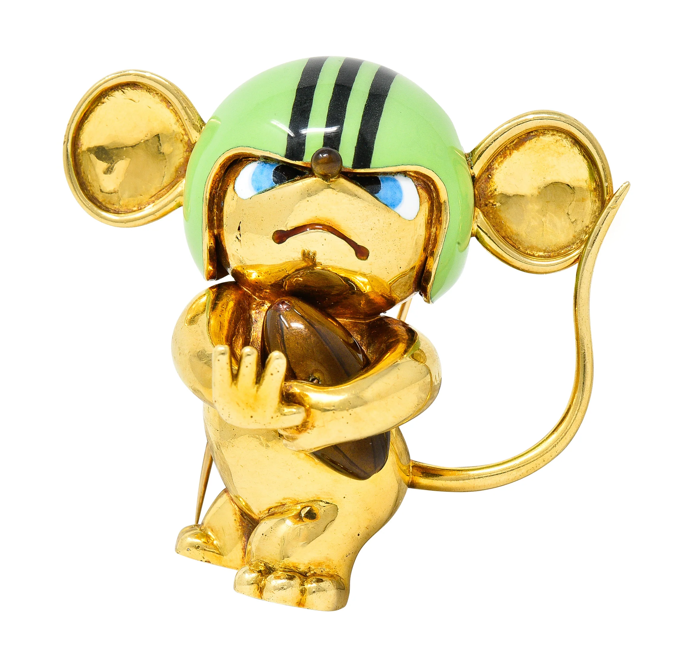1972 Vintage Enamel 18 Karat Yellow Gold Rugby Mouse Football Brooch - Image 13