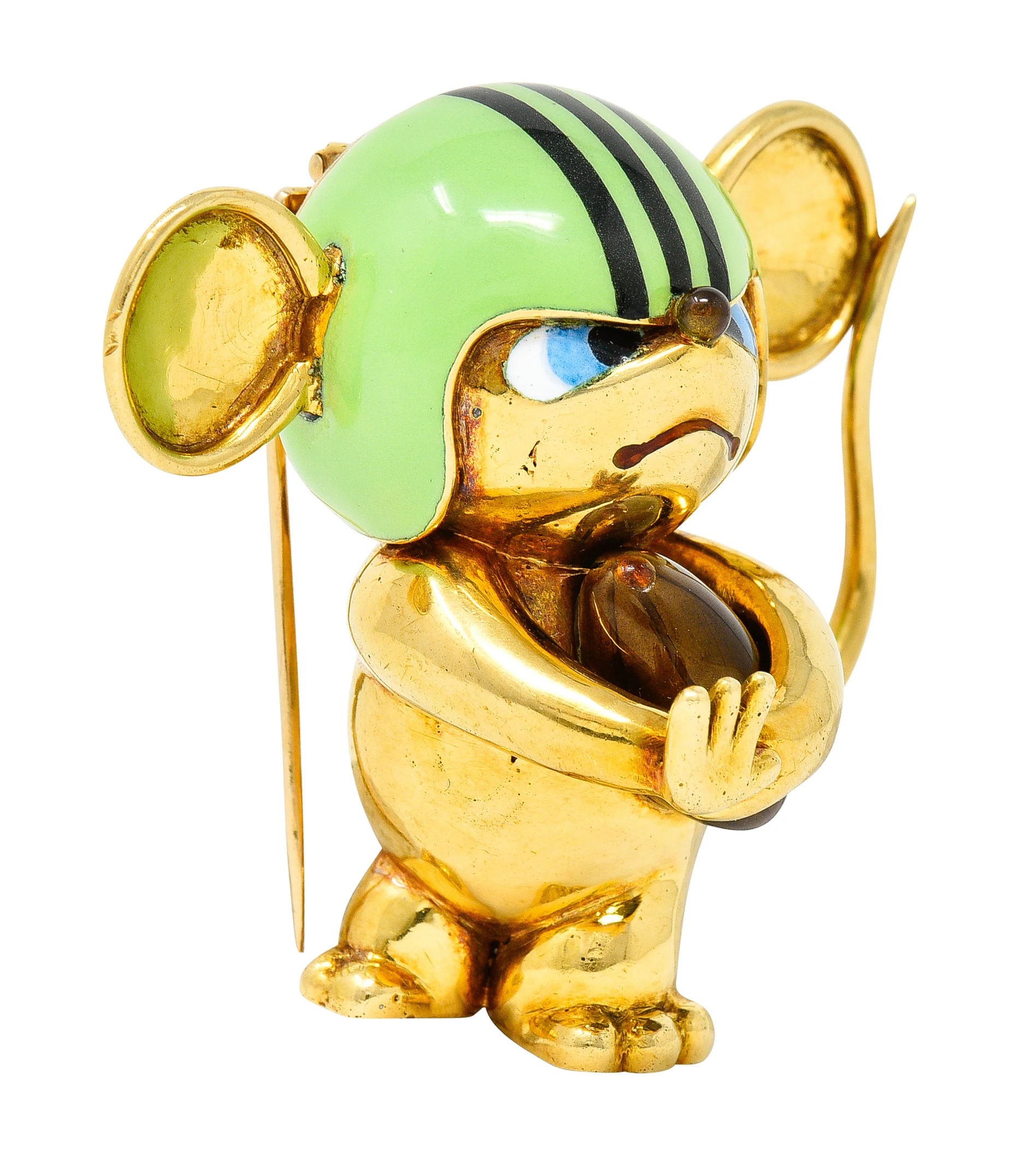 1972 Vintage Enamel 18 Karat Yellow Gold Rugby Mouse Football Brooch - Image 3