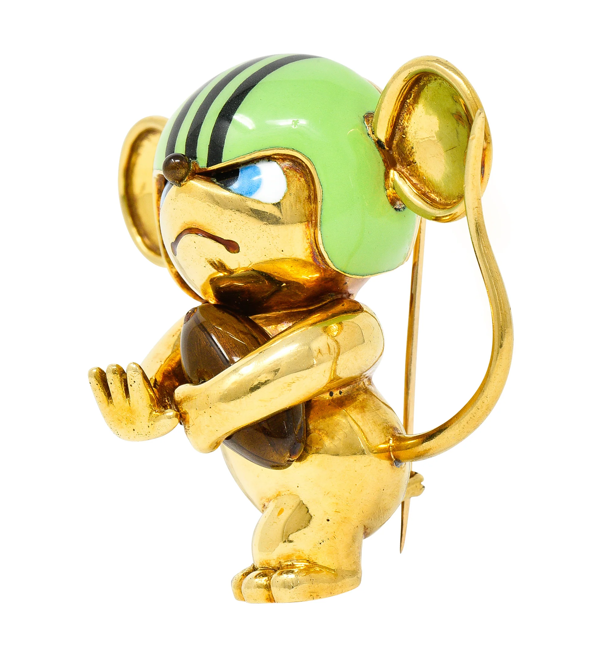1972 Vintage Enamel 18 Karat Yellow Gold Rugby Mouse Football Brooch - Image 5