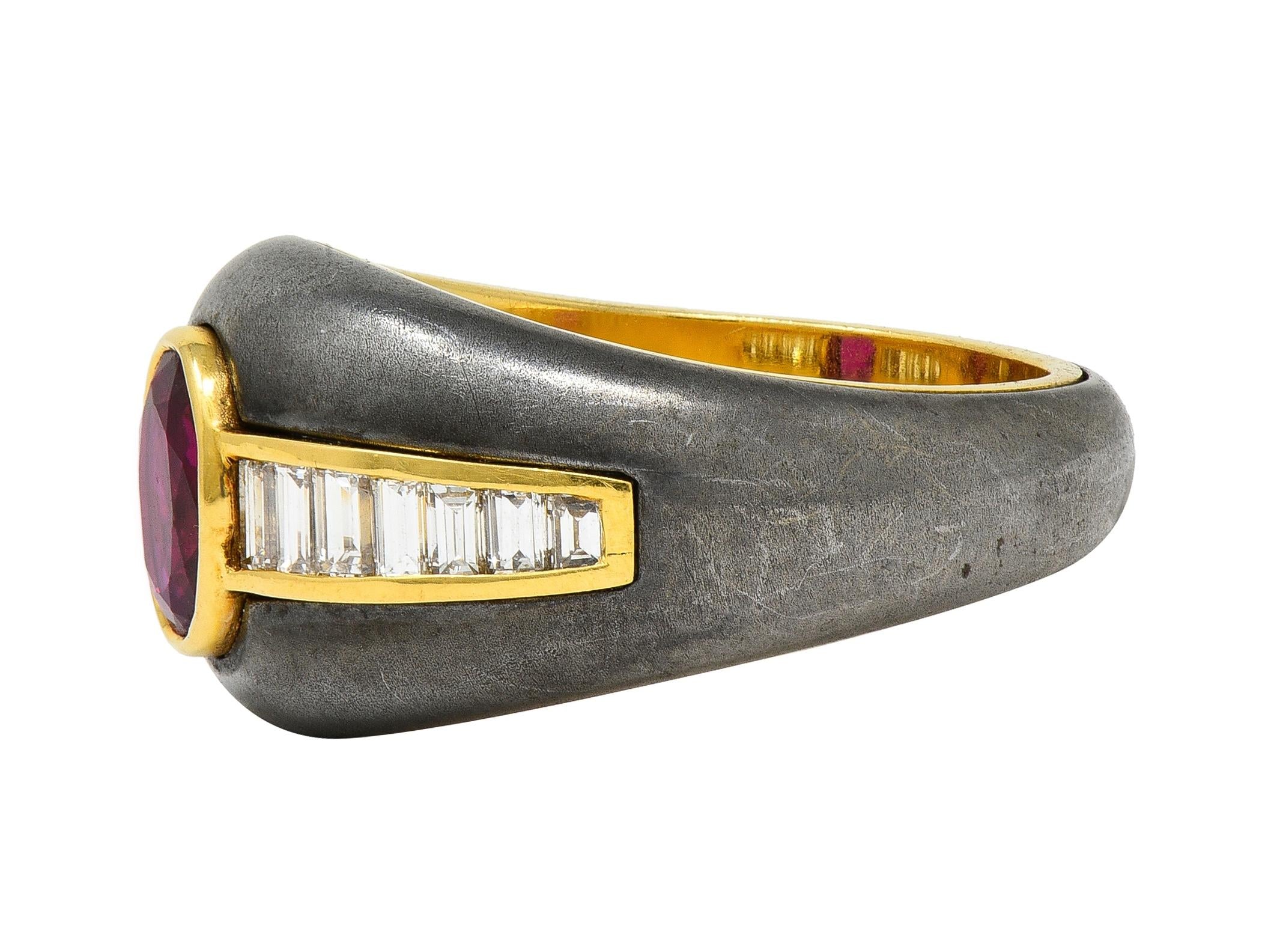 1980's 1.54 CTW Ruby Diamond Hematite 18 Karat Yellow Gold Vintage Ring GIA - Image 4