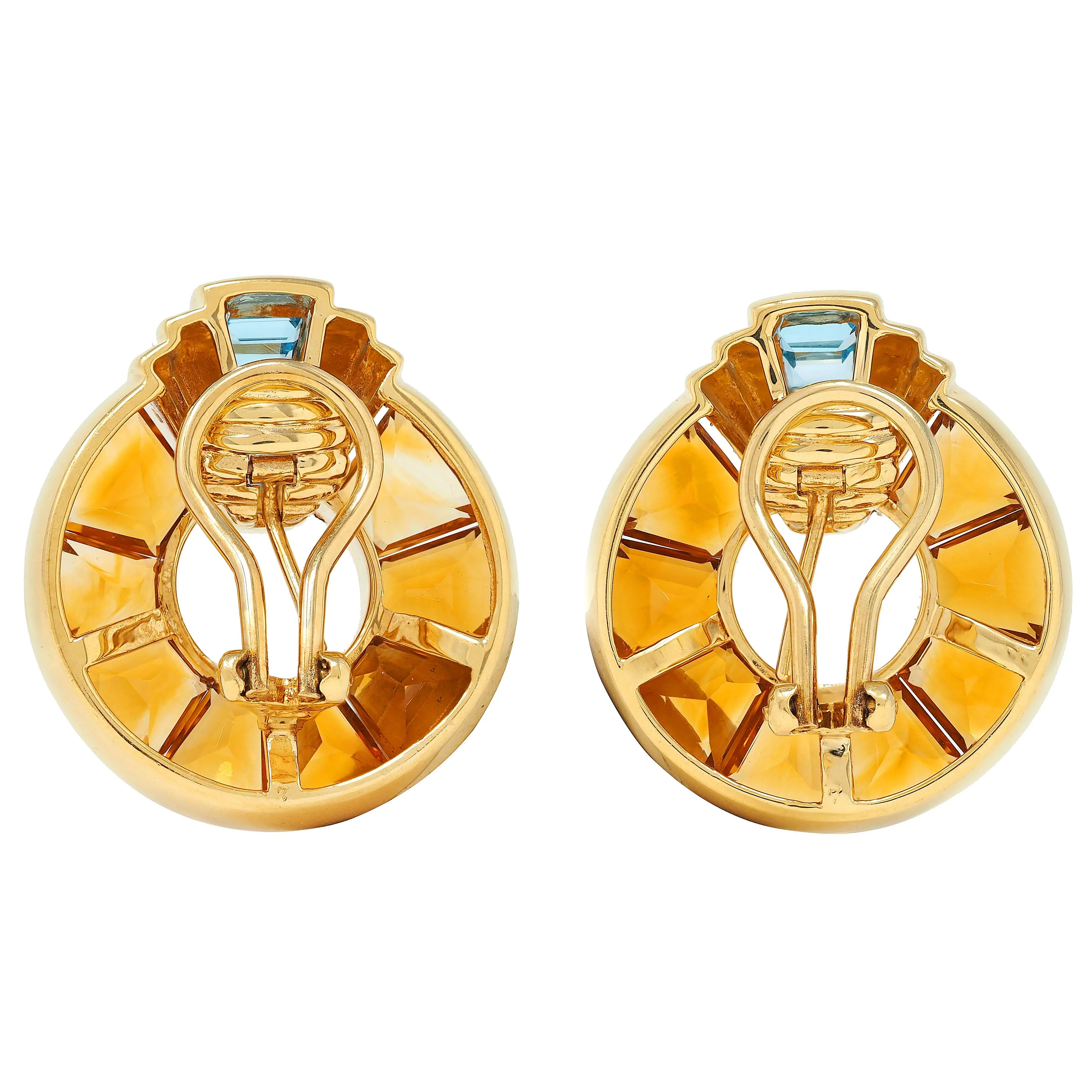 1980's 14.60 CTW Topaz Citrine 18 Karat Yellow Gold Vintage Geometric Disk Earrings - Image 4