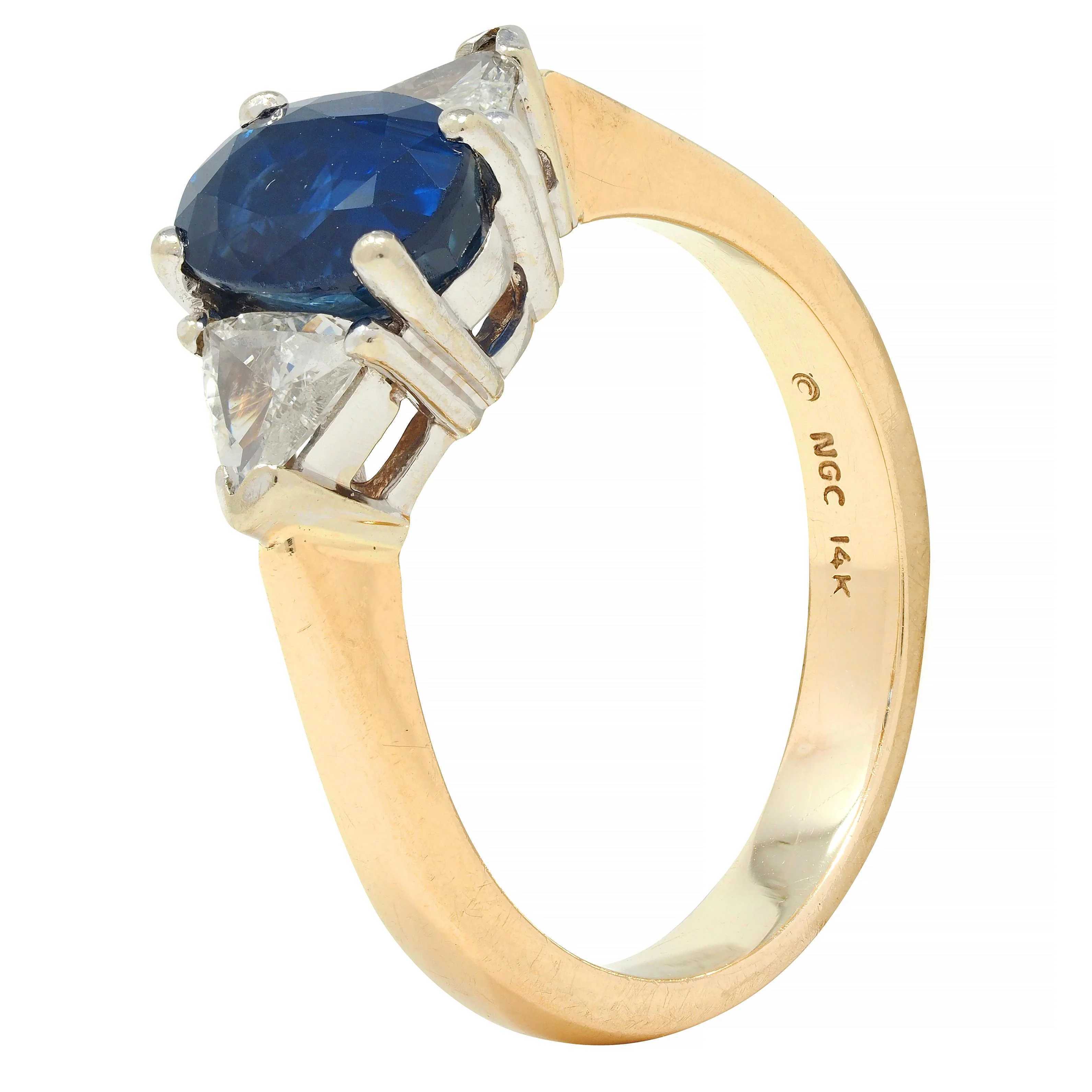 1980's 2.71 CTW Sapphire Diamond 14 Karat Two-Tone Gold Three Stone Ring - Image 9