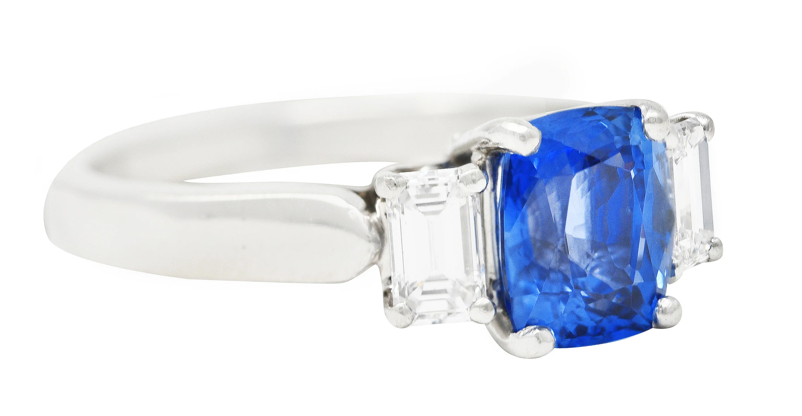 1980's 3.00 CTW Cushion Cut Sapphire Baguette Cut Diamond Platinum Vintage Three Stone Ring - Image 2