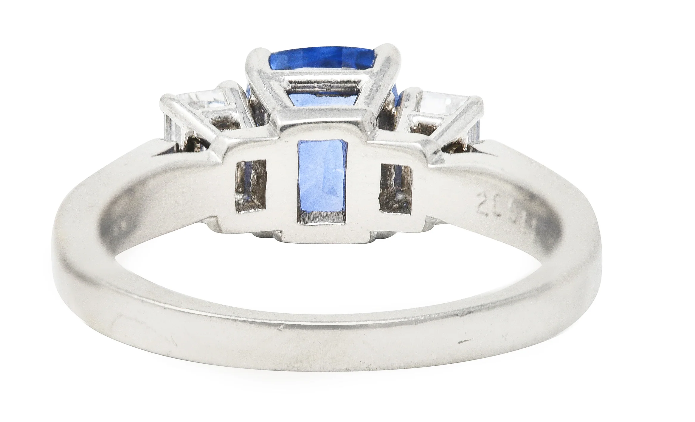 1980's 3.00 CTW Cushion Cut Sapphire Baguette Cut Diamond Platinum Vintage Three Stone Ring - Image 4